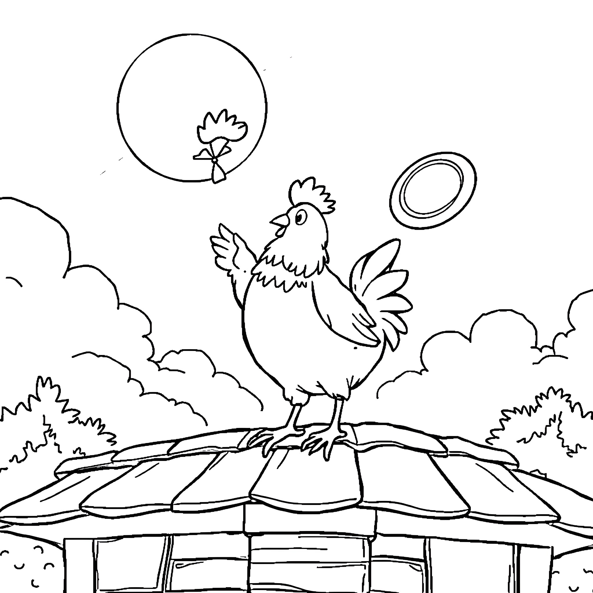 Chicken perched on a roof with a sunny sky Coloring Page (free black-and-white line drawing printable PDF for all, from beginners to advanced learners, including children, teens, adults, and seniors)