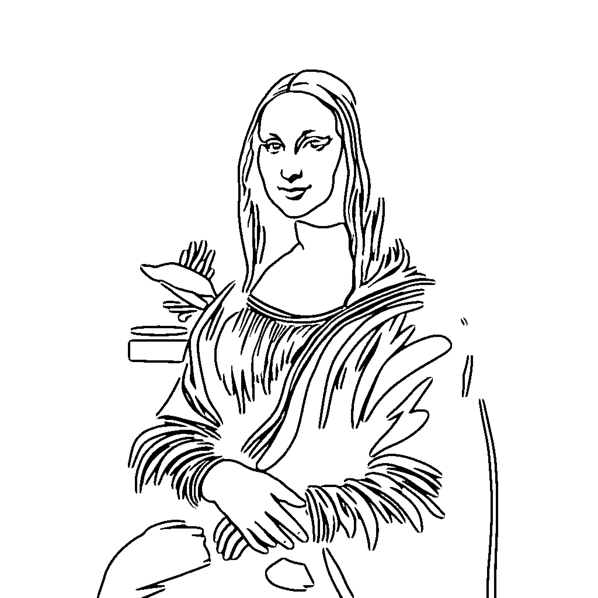 Mona Lisa's enigmatic expression Coloring Page (free black-and-white line drawing printable PDF for all, from beginners to advanced learners, including children, teens, adults, and seniors)