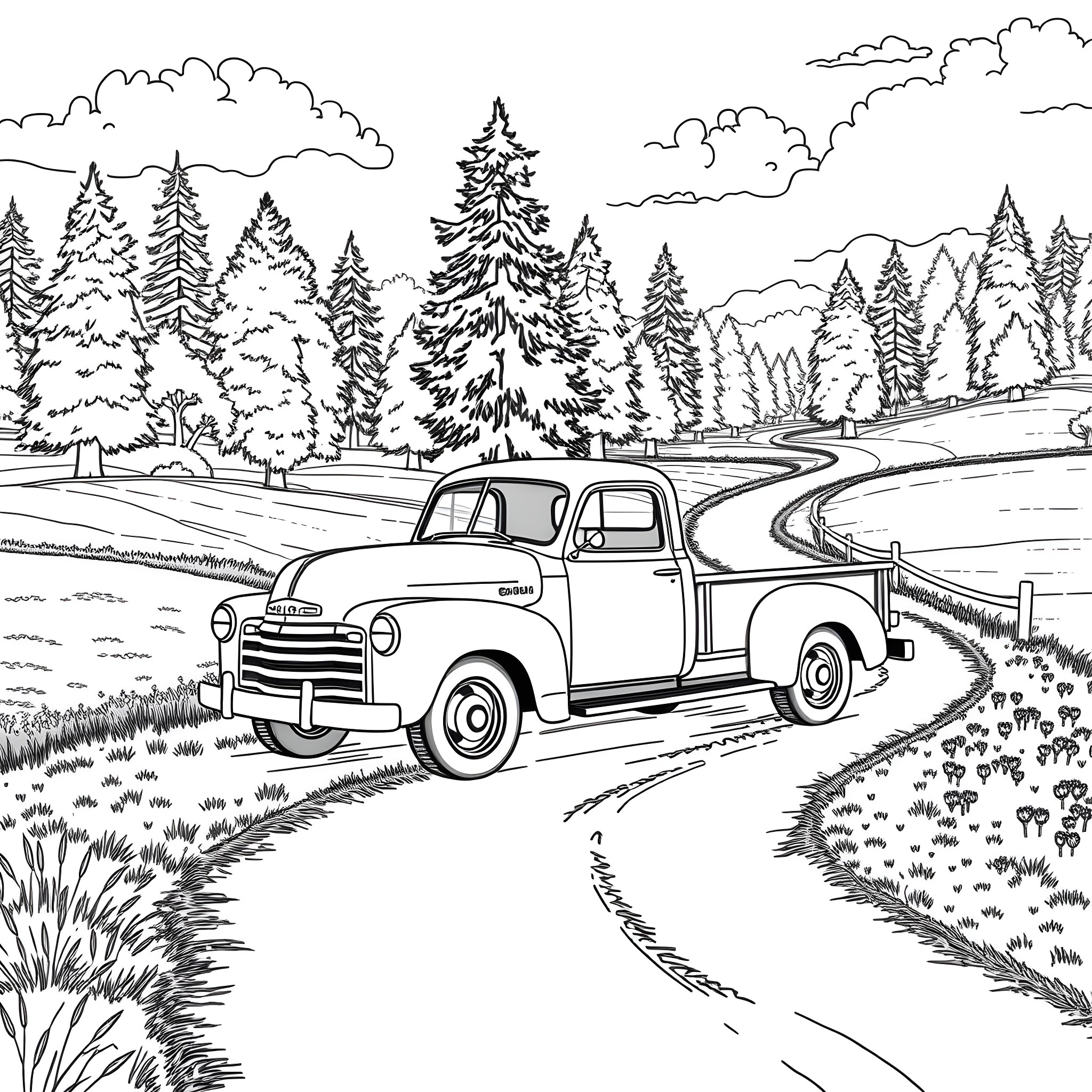 Truck Traveling Through Scenic Forest Landscape Coloring Page (free black-and-white line drawing printable PDF for all, from beginners to advanced learners, including children, teens, adults, and seniors)