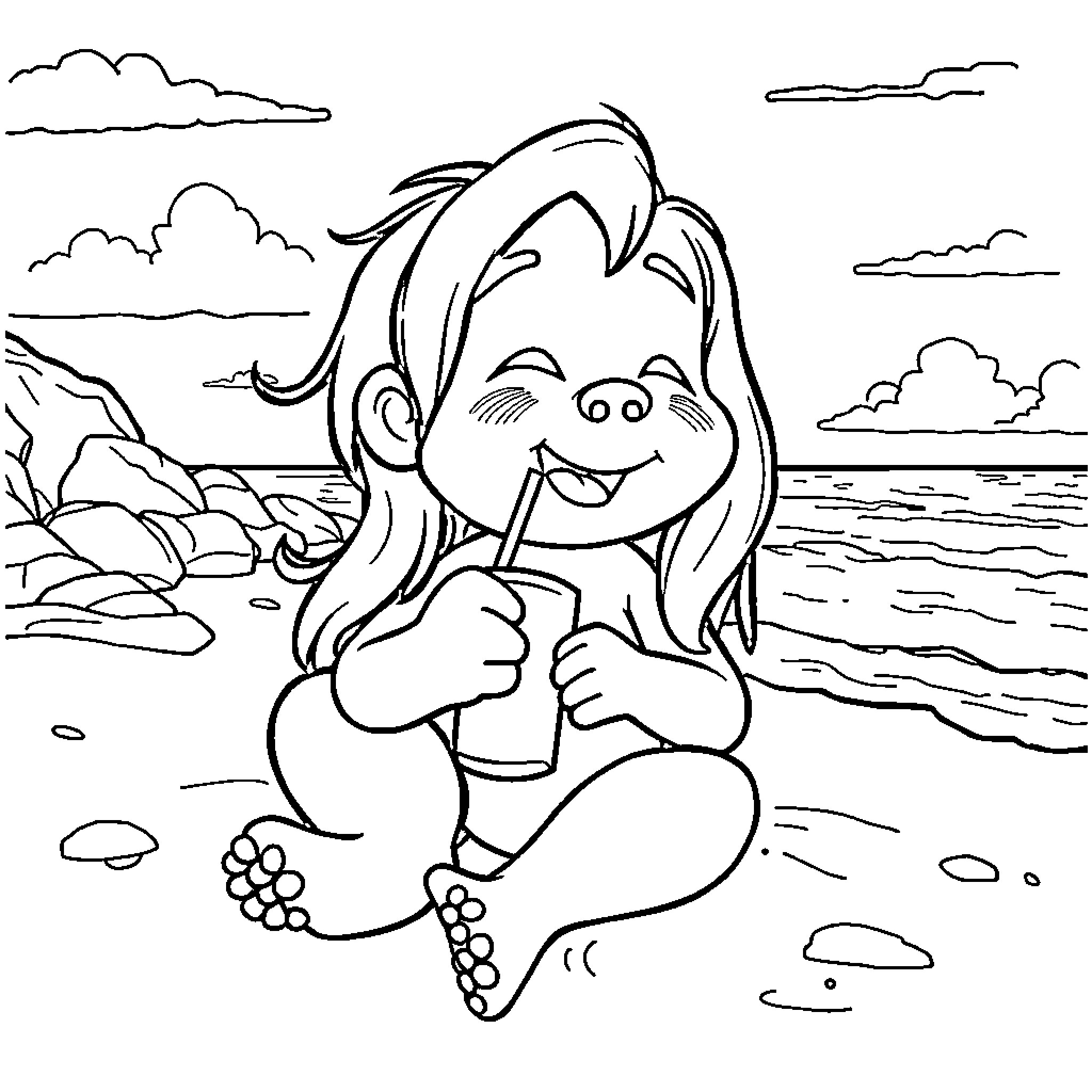 Tung Tung enjoying the beach scenery Coloring Page (free black-and-white line drawing printable PDF for all, from beginners to advanced learners, including children, teens, adults, and seniors)