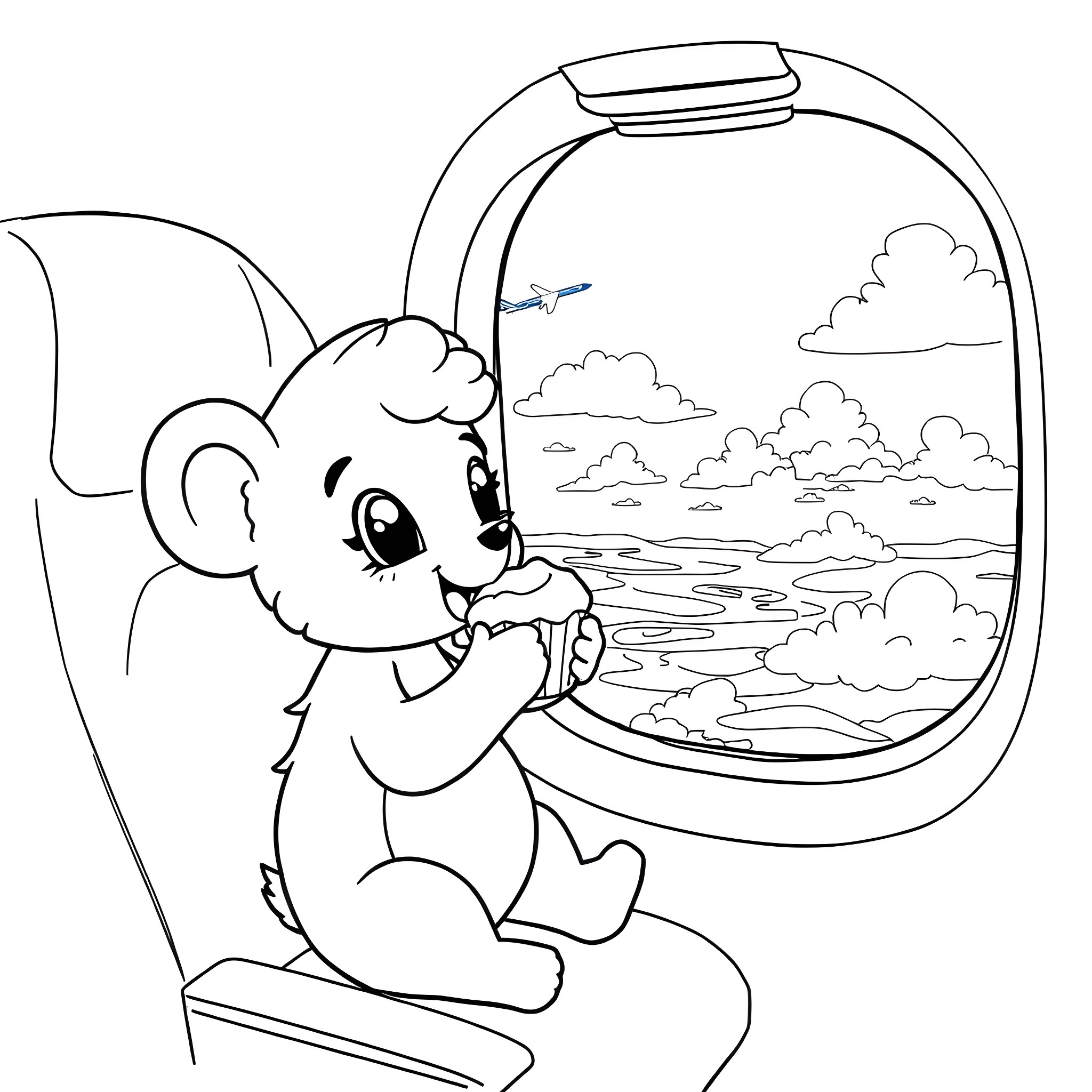 Muffin Enjoys Scenic View from Airplane Window Coloring Page (free black-and-white line drawing printable PDF for all, from beginners to advanced learners, including children, teens, adults, and seniors)