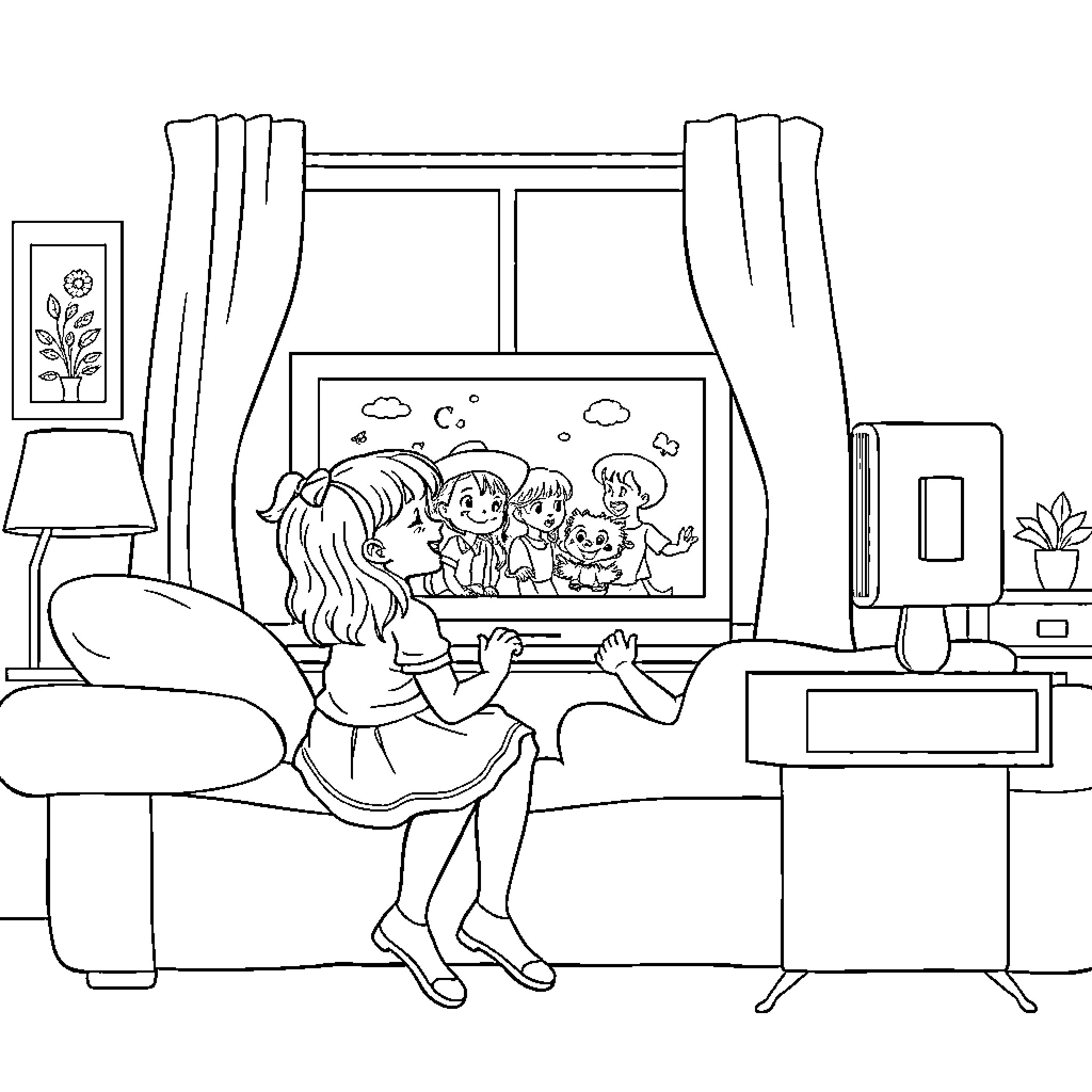 Girl enjoys cartoon characters on TV screen Coloring Page (free black-and-white line drawing printable PDF for all, from beginners to advanced learners, including children, teens, adults, and seniors)