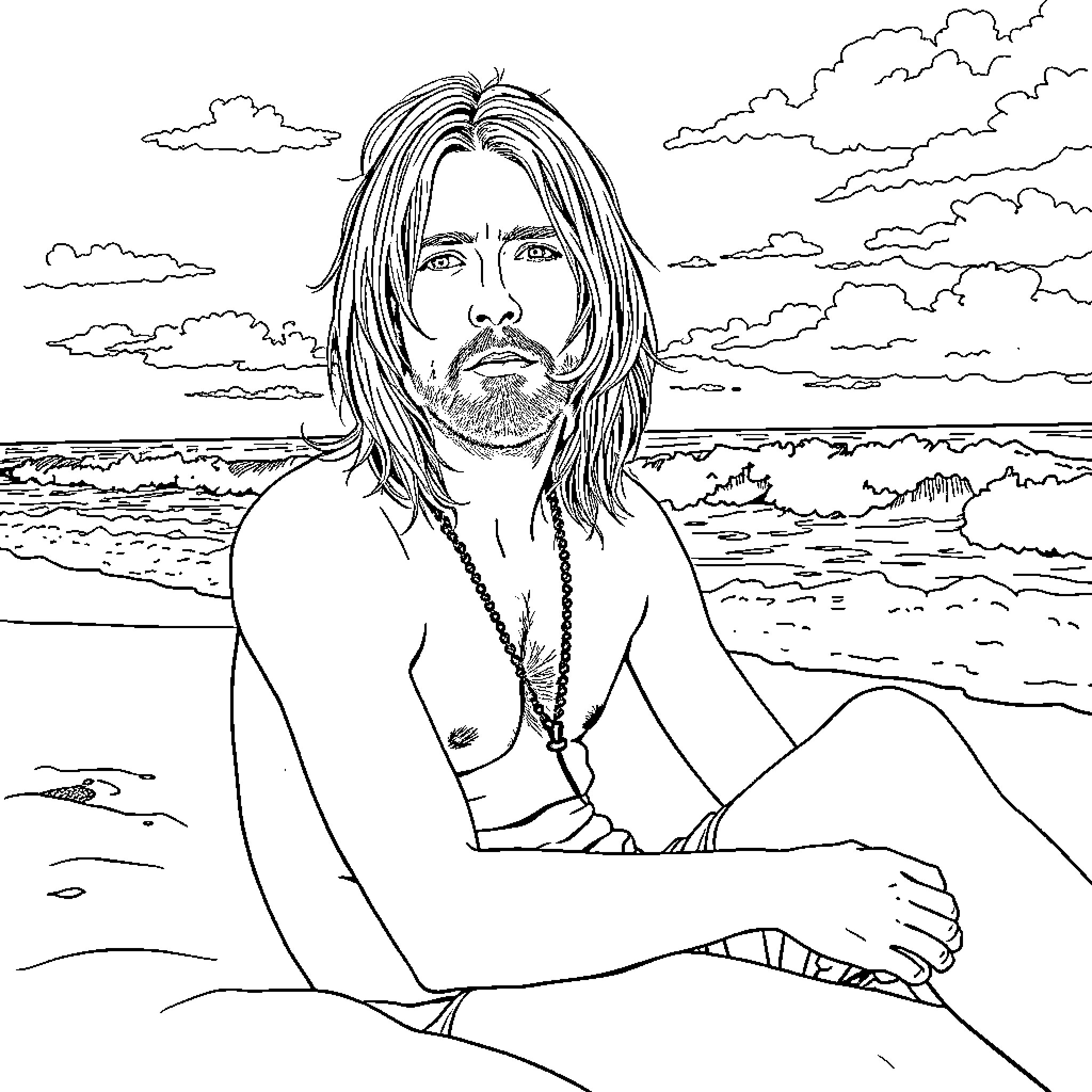 Kurt Cobain sitting contemplatively on the beach Coloring Page (free black-and-white line drawing printable PDF for all, from beginners to advanced learners, including children, teens, adults, and seniors)