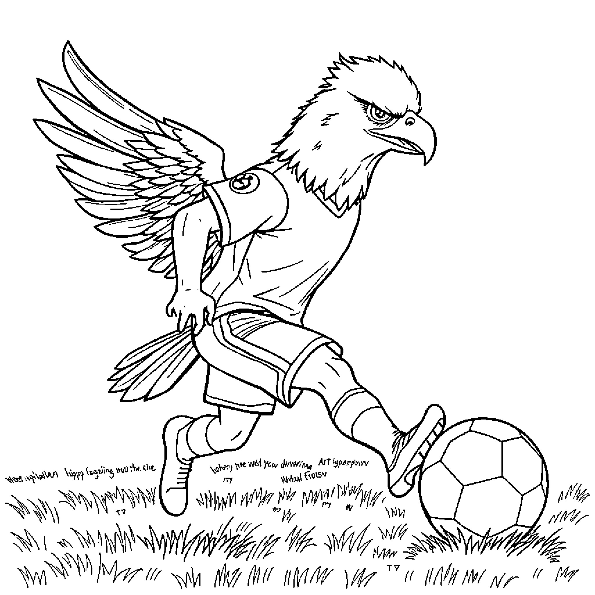 Eagle soaring with a soccer ball Coloring Page (free black-and-white line drawing printable PDF for all, from beginners to advanced learners, including children, teens, adults, and seniors)