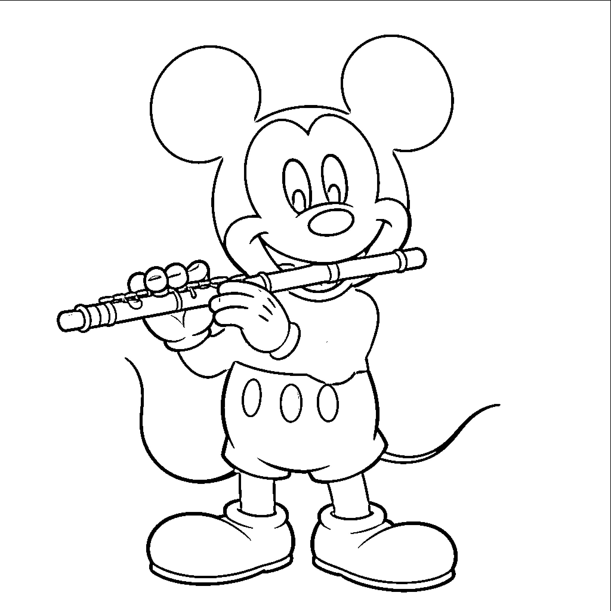 Mickey Mouse playing a flute with a happy expression Coloring Page (free black-and-white line drawing printable PDF for all, from beginners to advanced learners, including children, teens, adults, and seniors)
