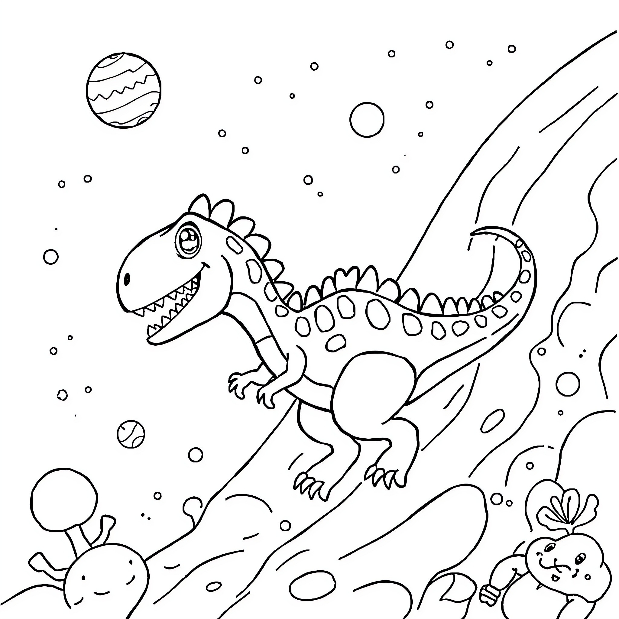 Dinosaur exploring the cosmic landscape Coloring Page (free black-and-white line drawing printable PDF for all, from beginners to advanced learners, including children, teens, adults, and seniors)