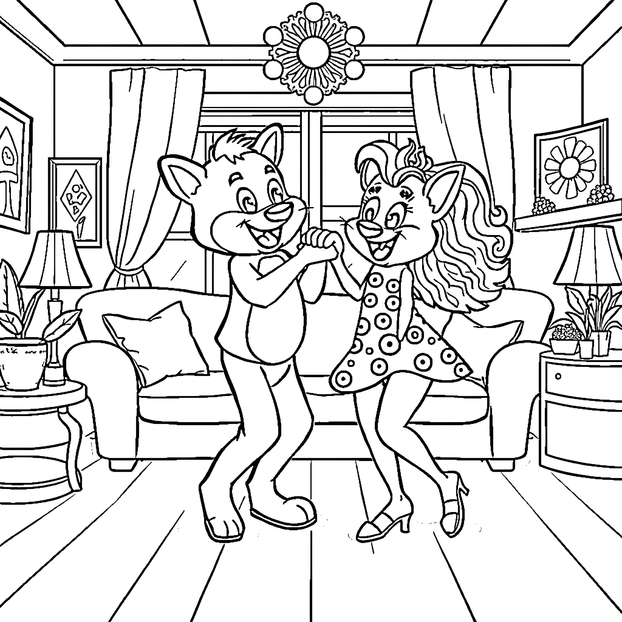 Bluey and Bingo Dancing Happily in Living Room Coloring Page (free black-and-white line drawing printable PDF for all, from beginners to advanced learners, including children, teens, adults, and seniors)