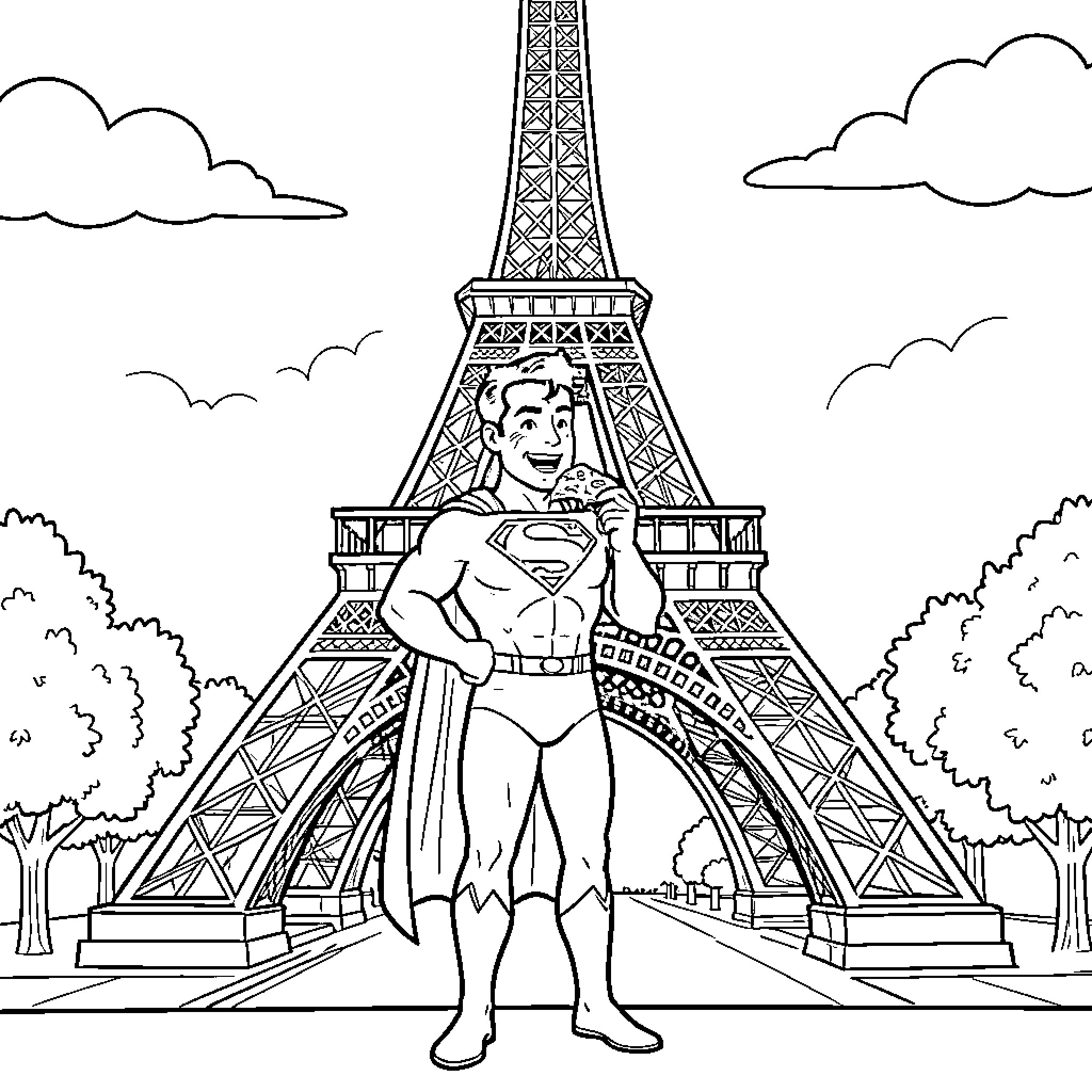 Superman smiling while eating a croissant in Paris Coloring Page (free black-and-white line drawing printable PDF for all, from beginners to advanced learners, including children, teens, adults, and seniors)