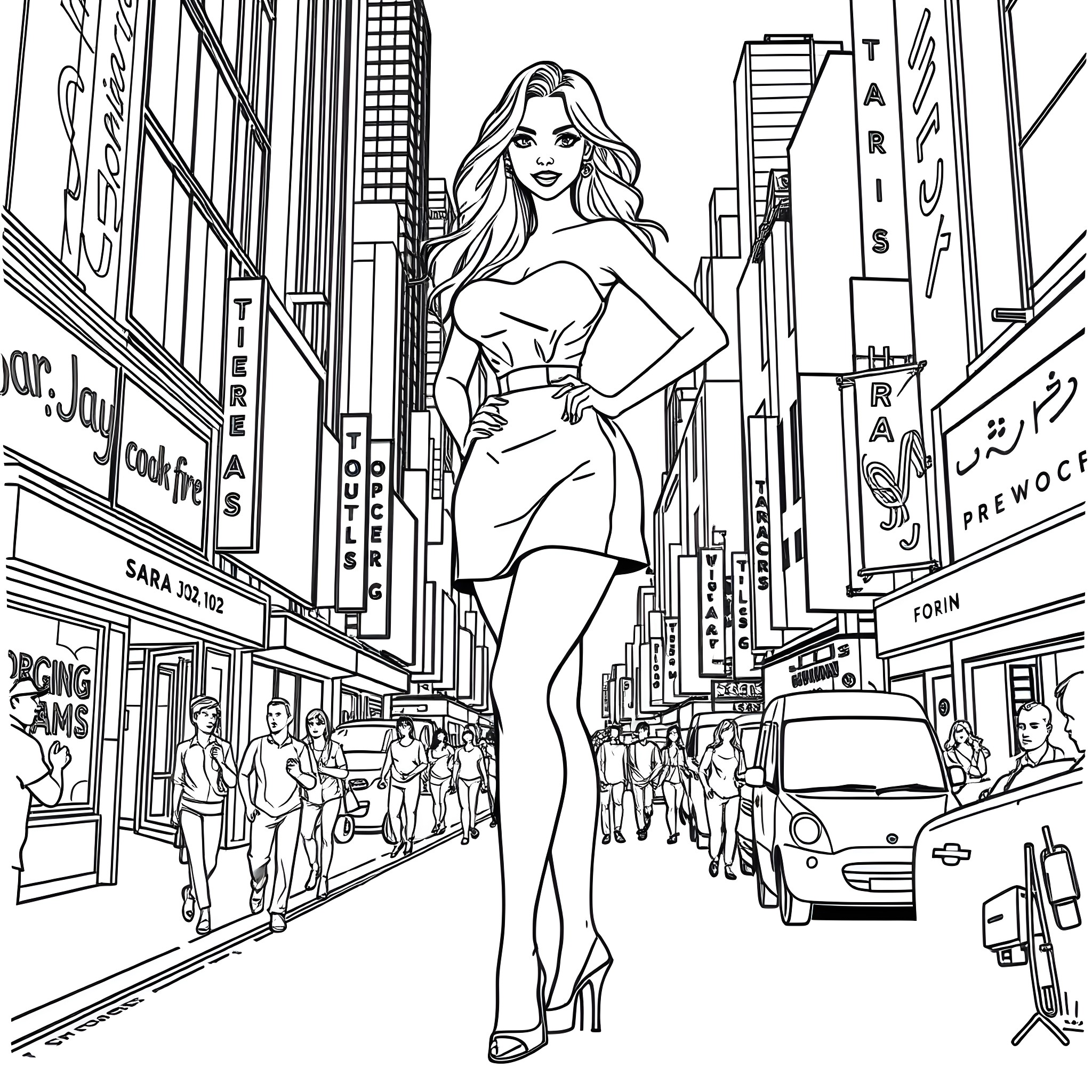 Sara Jay in Fashionable City Street Scene Coloring Page (free black-and-white line drawing printable PDF for all, from beginners to advanced learners, including children, teens, adults, and seniors)
