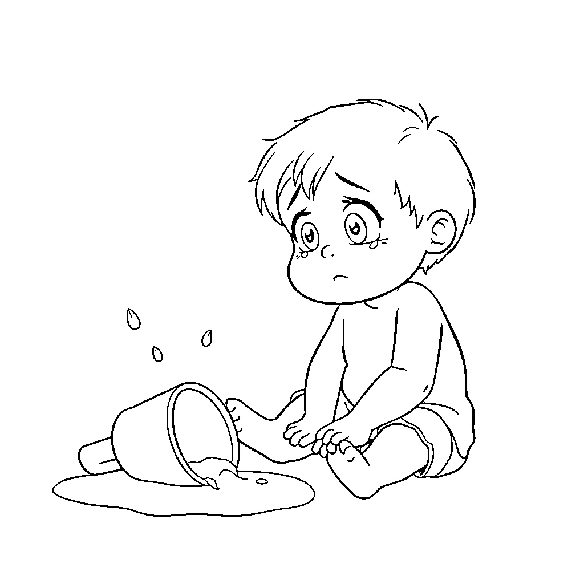 Kid spills drink, looks distressed Coloring Page (free black-and-white line drawing printable PDF for all, from beginners to advanced learners, including children, teens, adults, and seniors)