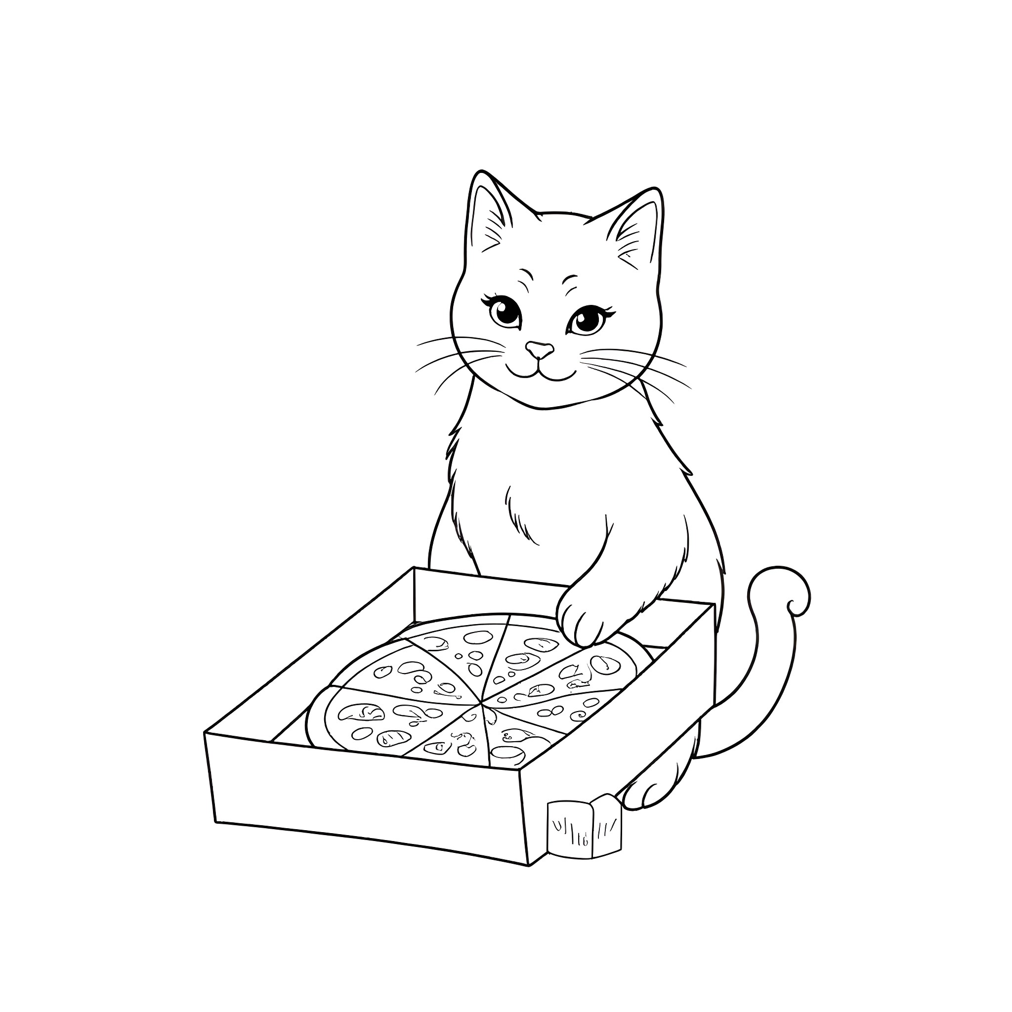 Cat enjoying a slice of pizza Coloring Page (free black-and-white line drawing printable PDF for all, from beginners to advanced learners, including children, teens, adults, and seniors)