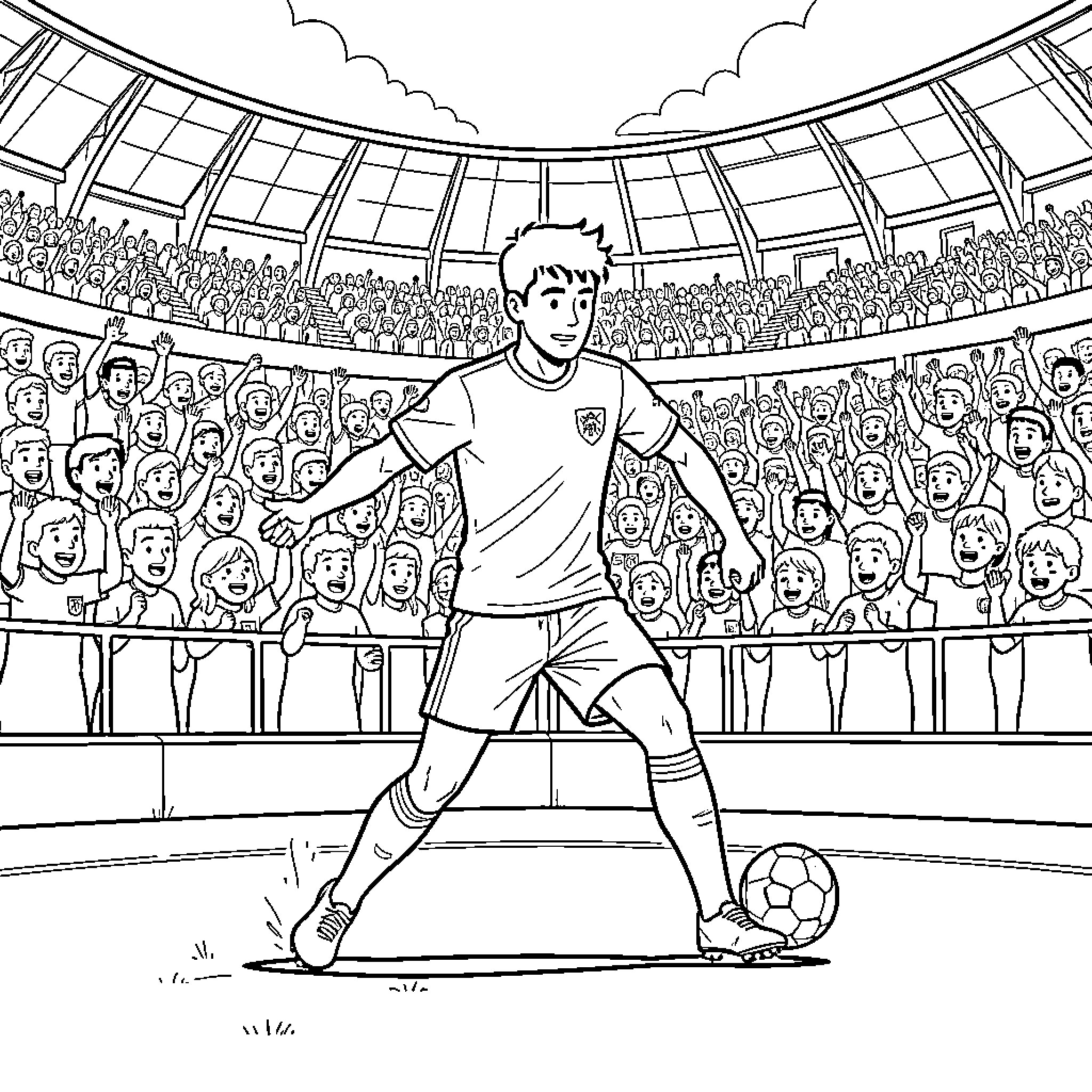 Football Player in Competitive Match with Crowd Coloring Page (free black-and-white line drawing printable PDF for all, from beginners to advanced learners, including children, teens, adults, and seniors)