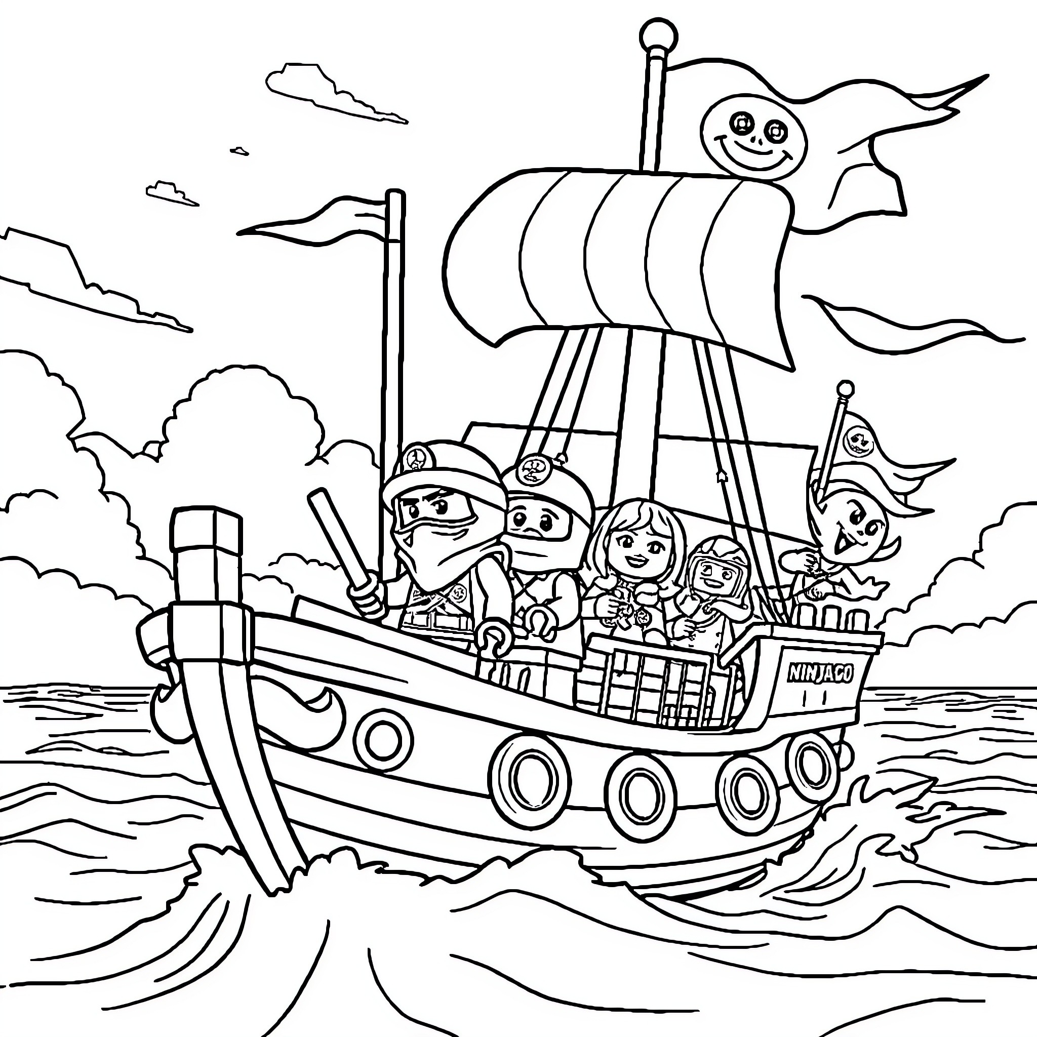 Ninjago Ninja Warriors Sailing on a Pirate Ship Coloring Page (free black-and-white line drawing printable PDF for all, from beginners to advanced learners, including children, teens, adults, and seniors)