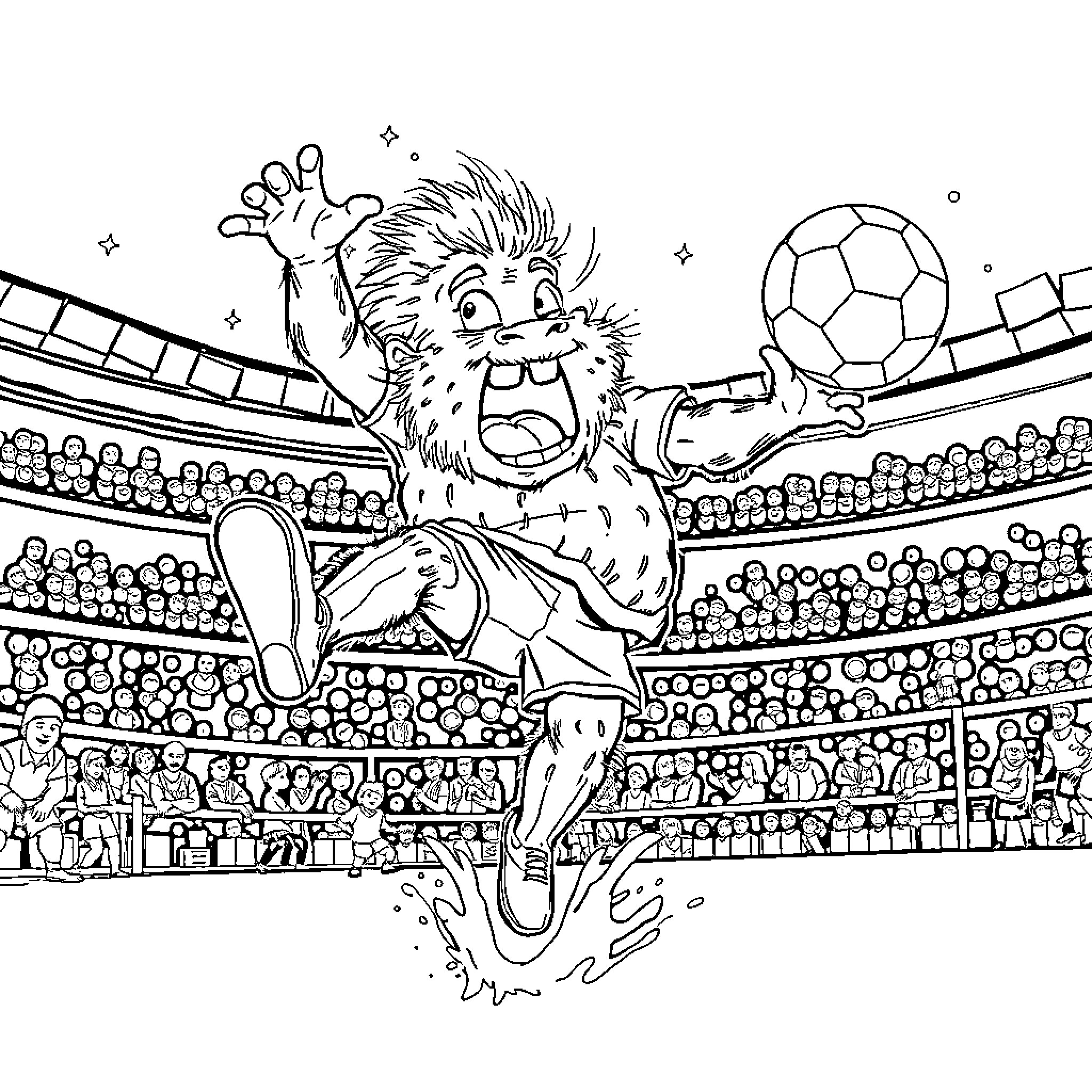 Abubu Plays Energetic Soccer in Stadium Coloring Page (free black-and-white line drawing printable PDF for all, from beginners to advanced learners, including children, teens, adults, and seniors)