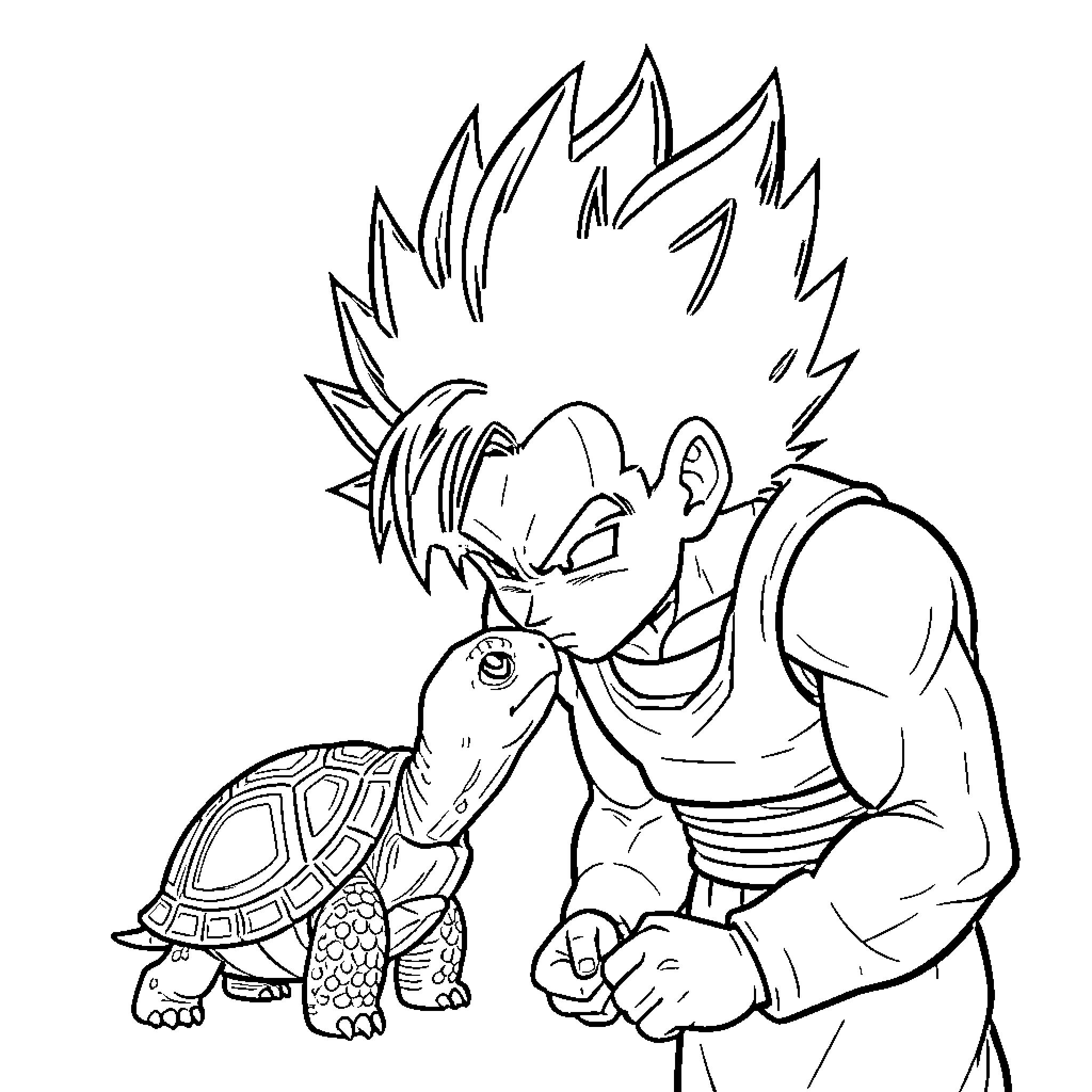 Vegeta leaning down to kiss a small turtle Coloring Page (free black-and-white line drawing printable PDF for all, from beginners to advanced learners, including children, teens, adults, and seniors)