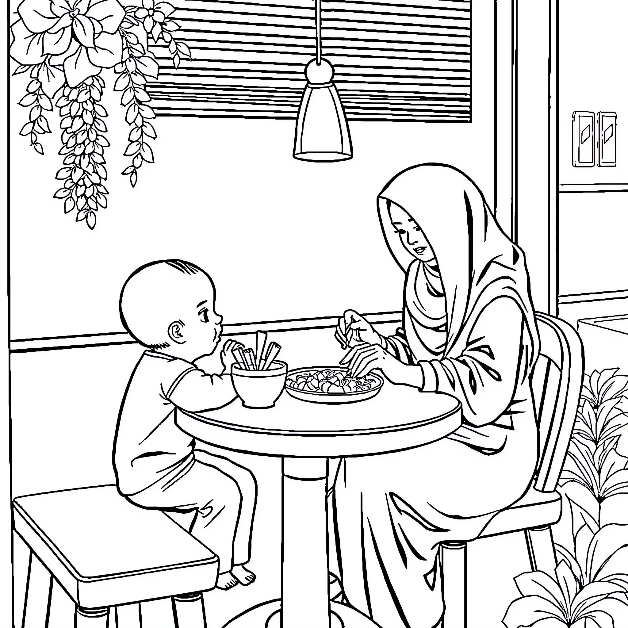 Mother and Child Sharing a Meal in Cozy Home Coloring Page (free black-and-white line drawing printable PDF for all, from beginners to advanced learners, including children, teens, adults, and seniors)