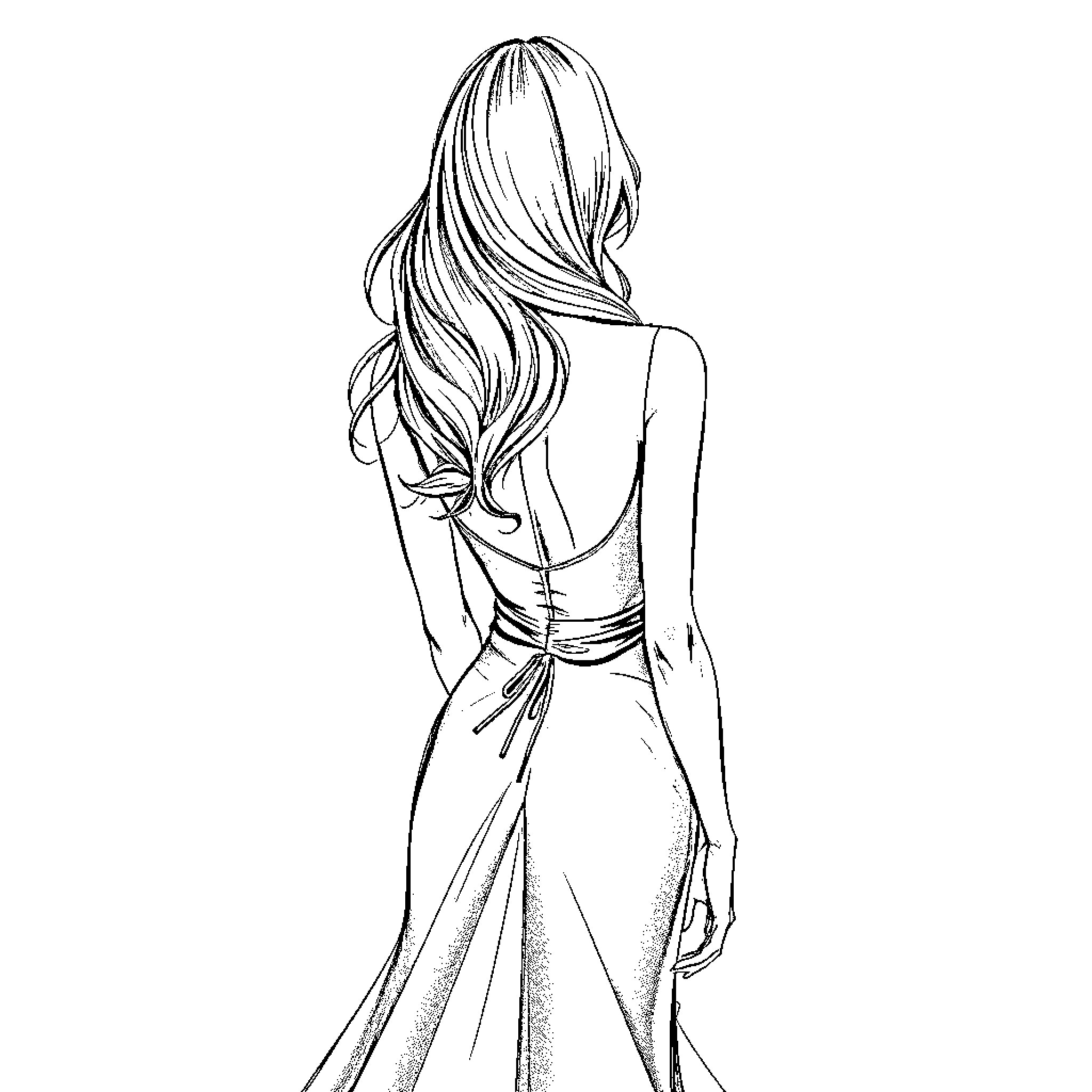 Woman in elegant backless dress Coloring Page (free black-and-white line drawing printable PDF for all, from beginners to advanced learners, including children, teens, adults, and seniors)