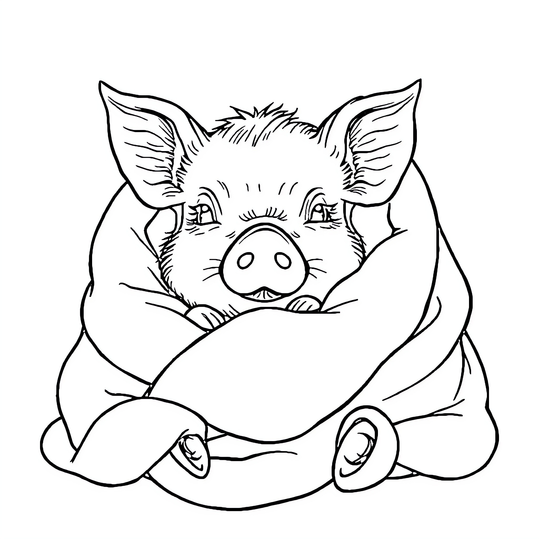 Pig snuggling in cozy blanket Coloring Page (free black-and-white line drawing printable PDF for all, from beginners to advanced learners, including children, teens, adults, and seniors)