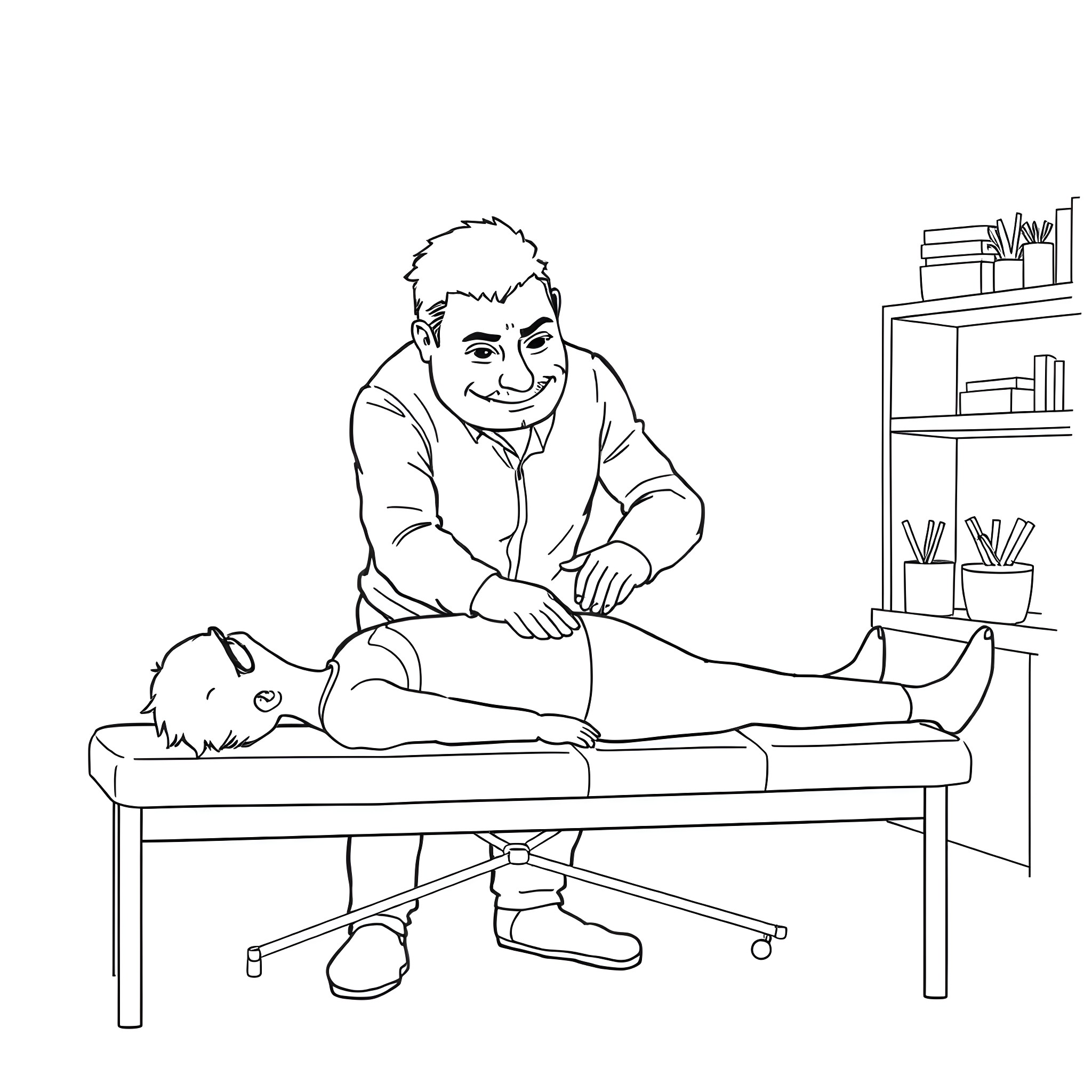 Chiropractor providing treatment to patient on examination table Coloring Page (free black-and-white line drawing printable PDF for all, from beginners to advanced learners, including children, teens, adults, and seniors)