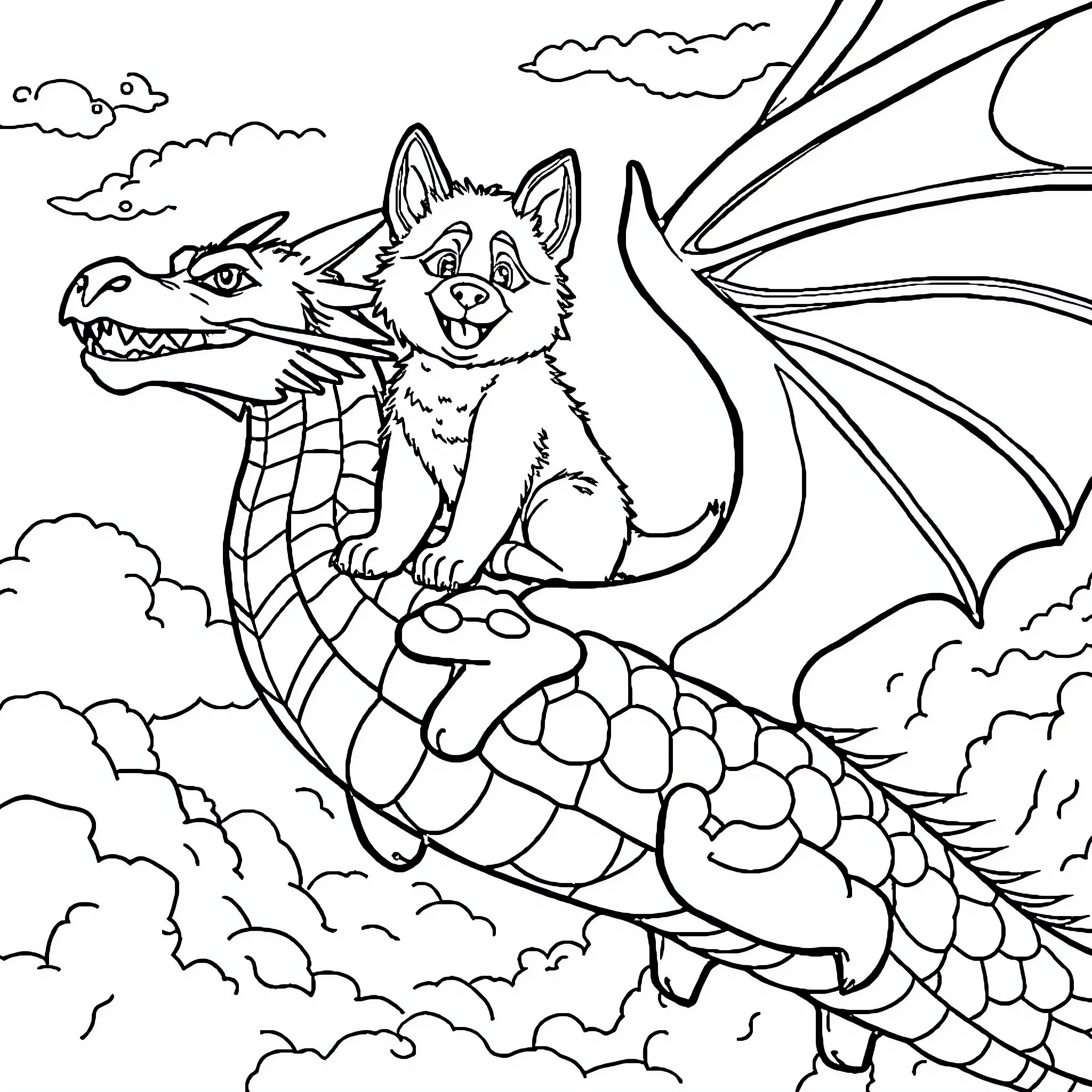 Husky riding a dragon over cloudy sky Coloring Page (free black-and-white line drawing printable PDF for all, from beginners to advanced learners, including children, teens, adults, and seniors)