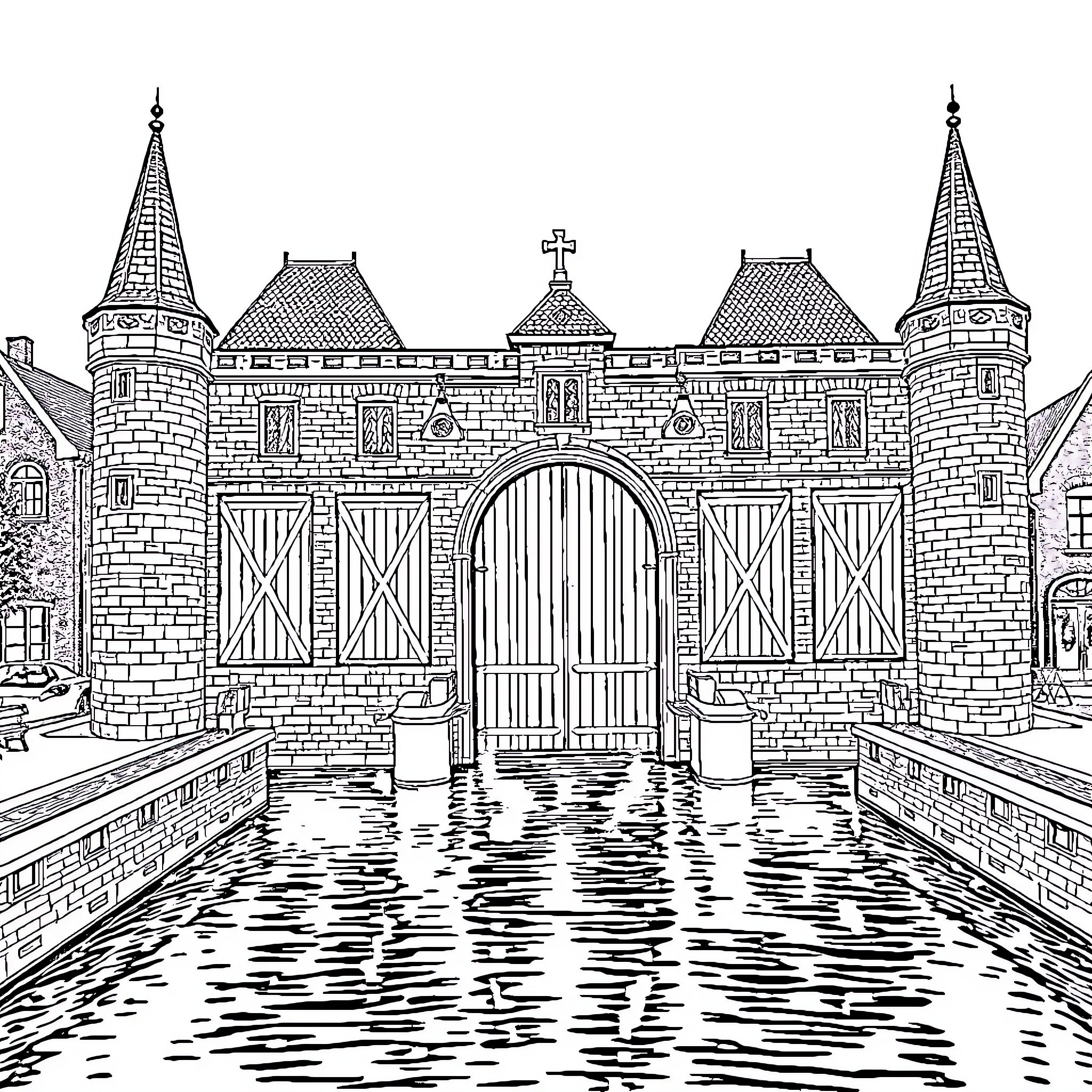 Waterpoort of a Historic European Town Coloring Page (free black-and-white line drawing printable PDF for all, from beginners to advanced learners, including children, teens, adults, and seniors)