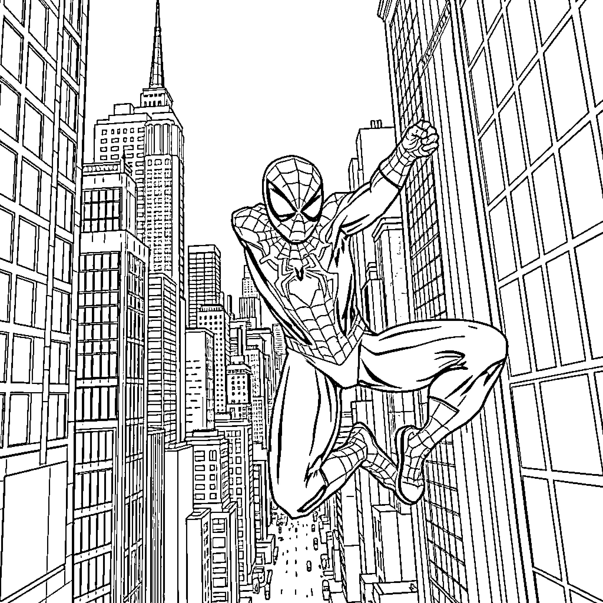 Spiderman swinging high above the city skyline Coloring Page (free black-and-white line drawing printable PDF for all, from beginners to advanced learners, including children, teens, adults, and seniors)