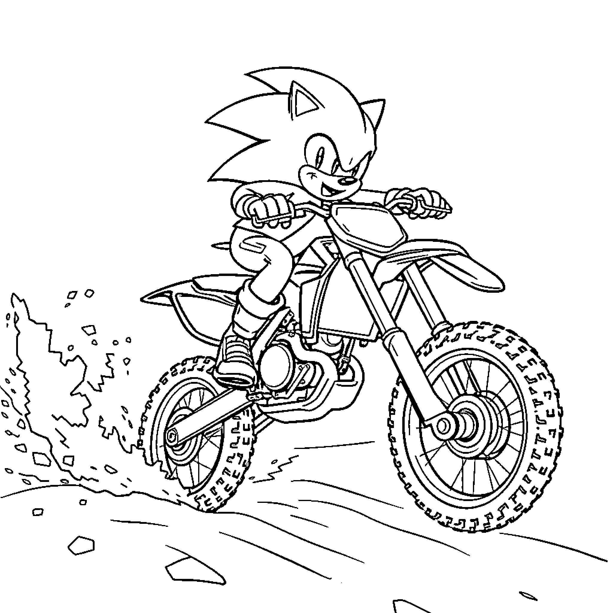 Sonic racing on a dirt bike Coloring Page (free black-and-white line drawing printable PDF for all, from beginners to advanced learners, including children, teens, adults, and seniors)