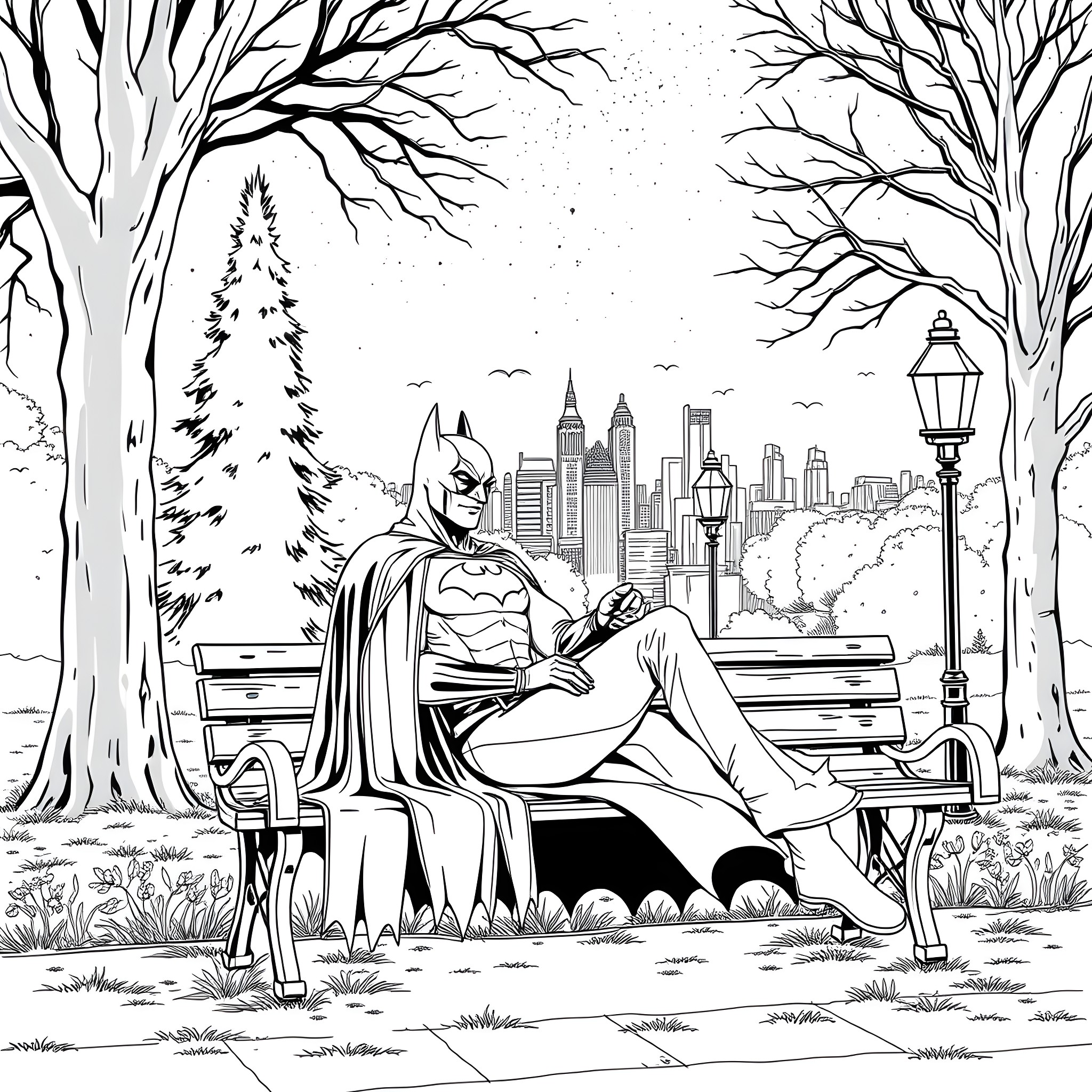 Batman resting on a park bench in the city Coloring Page (free black-and-white line drawing printable PDF for all, from beginners to advanced learners, including children, teens, adults, and seniors)
