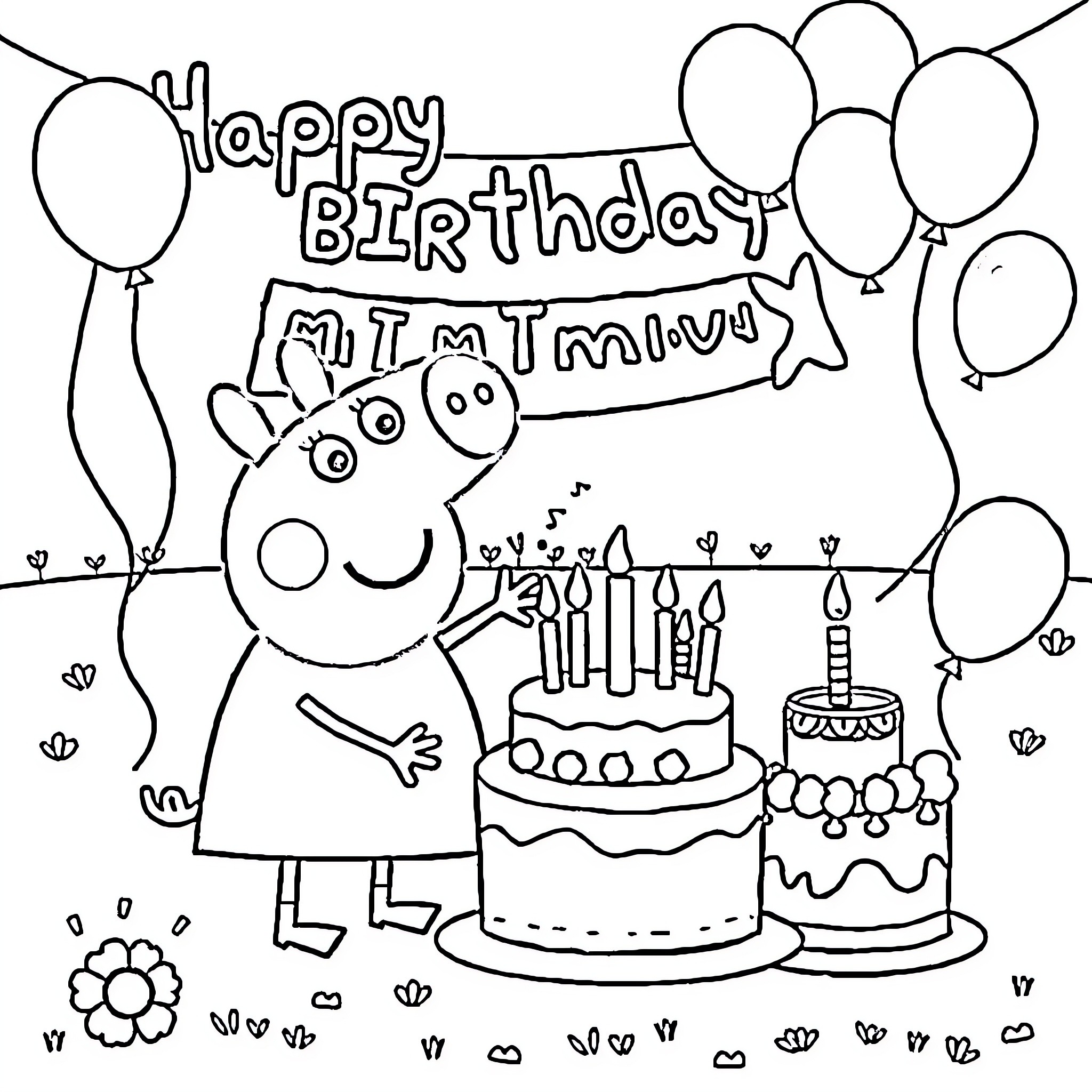 Peppa Pig celebrates a happy birthday with cake and balloons Coloring Page (free black-and-white line drawing printable PDF for all, from beginners to advanced learners, including children, teens, adults, and seniors)