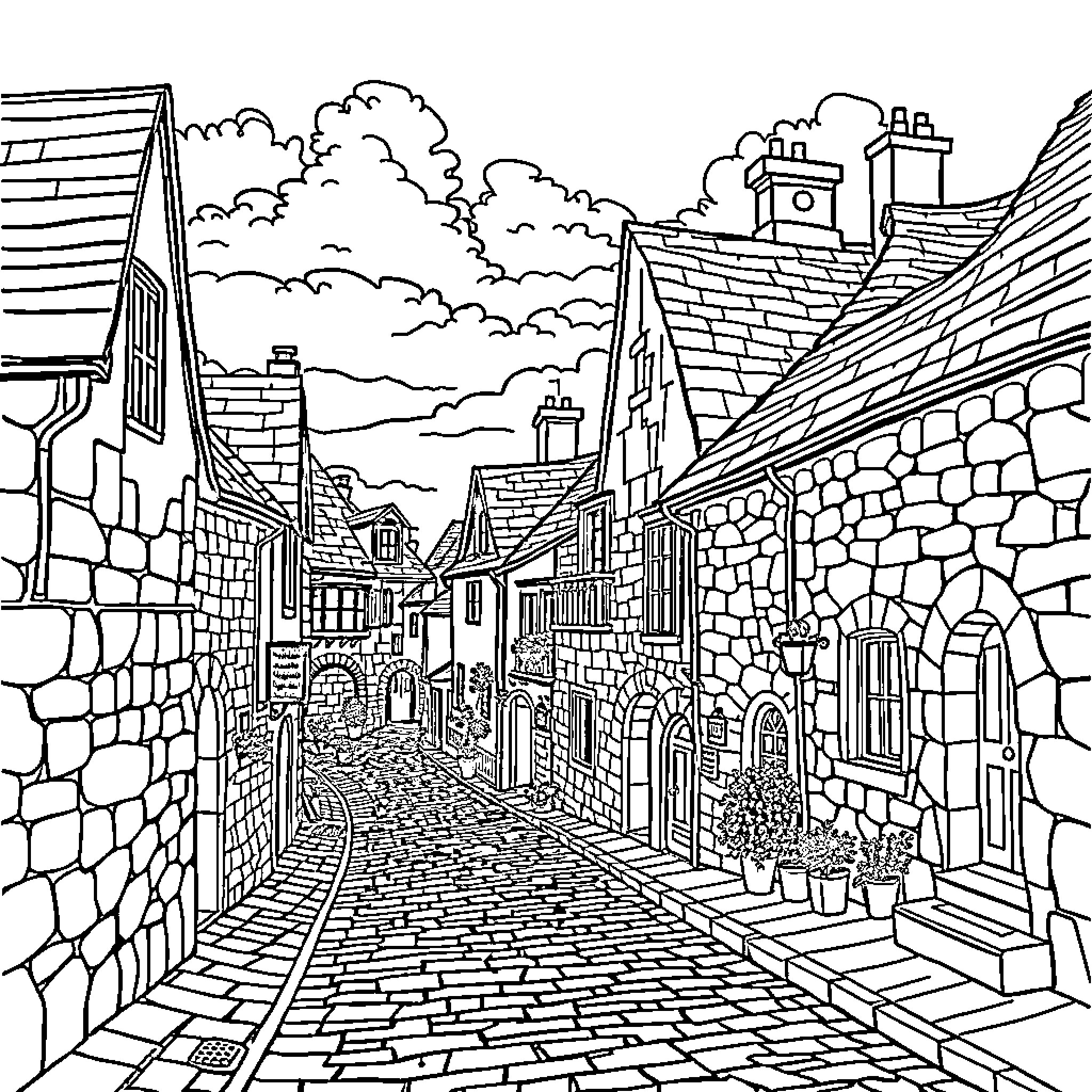 Village Street Scene with Cobblestones and Charming Structures Coloring Page (free black-and-white line drawing printable PDF for all, from beginners to advanced learners, including children, teens, adults, and seniors)
