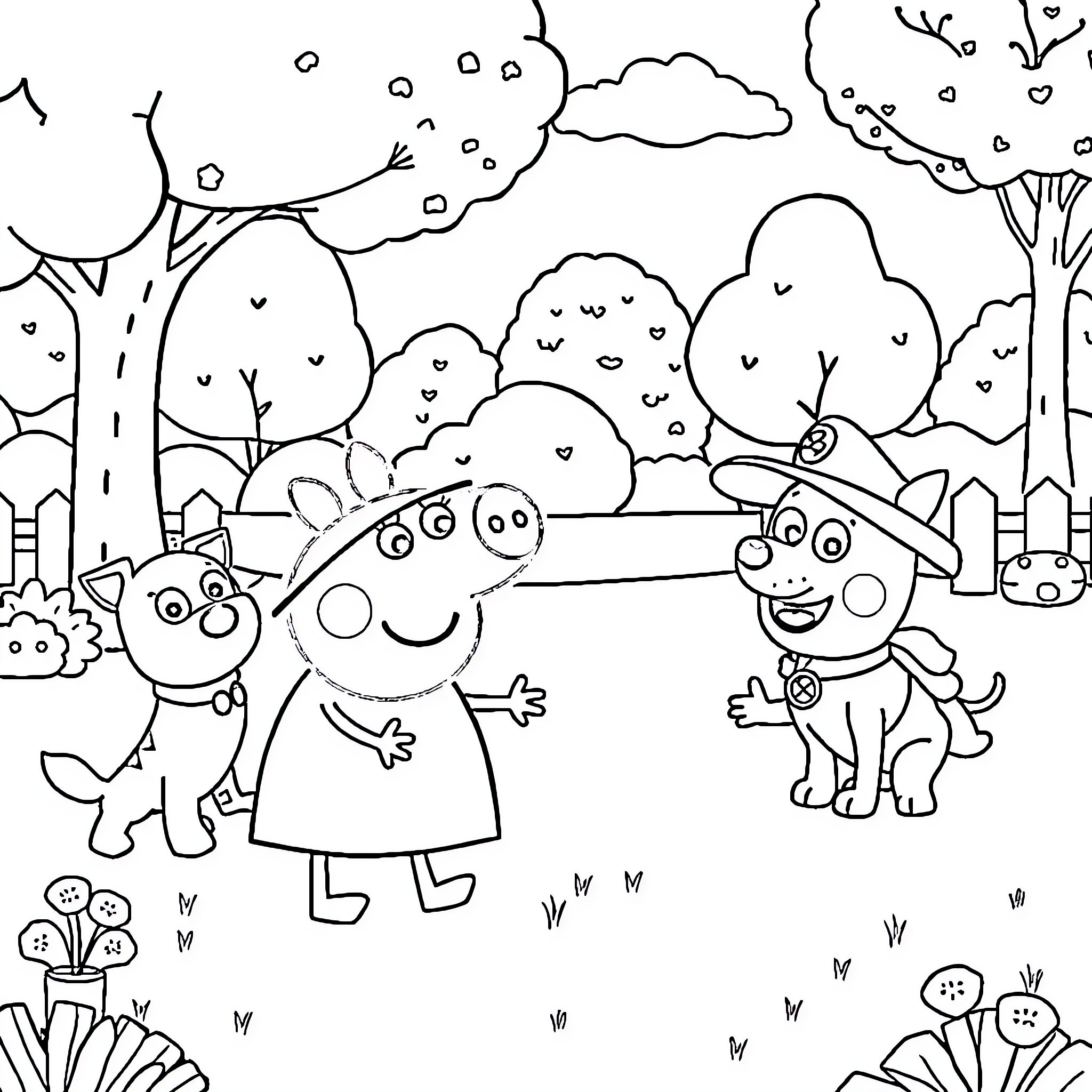 Peppa Pig and friends exploring the outdoors Coloring Page (free black-and-white line drawing printable PDF for all, from beginners to advanced learners, including children, teens, adults, and seniors)