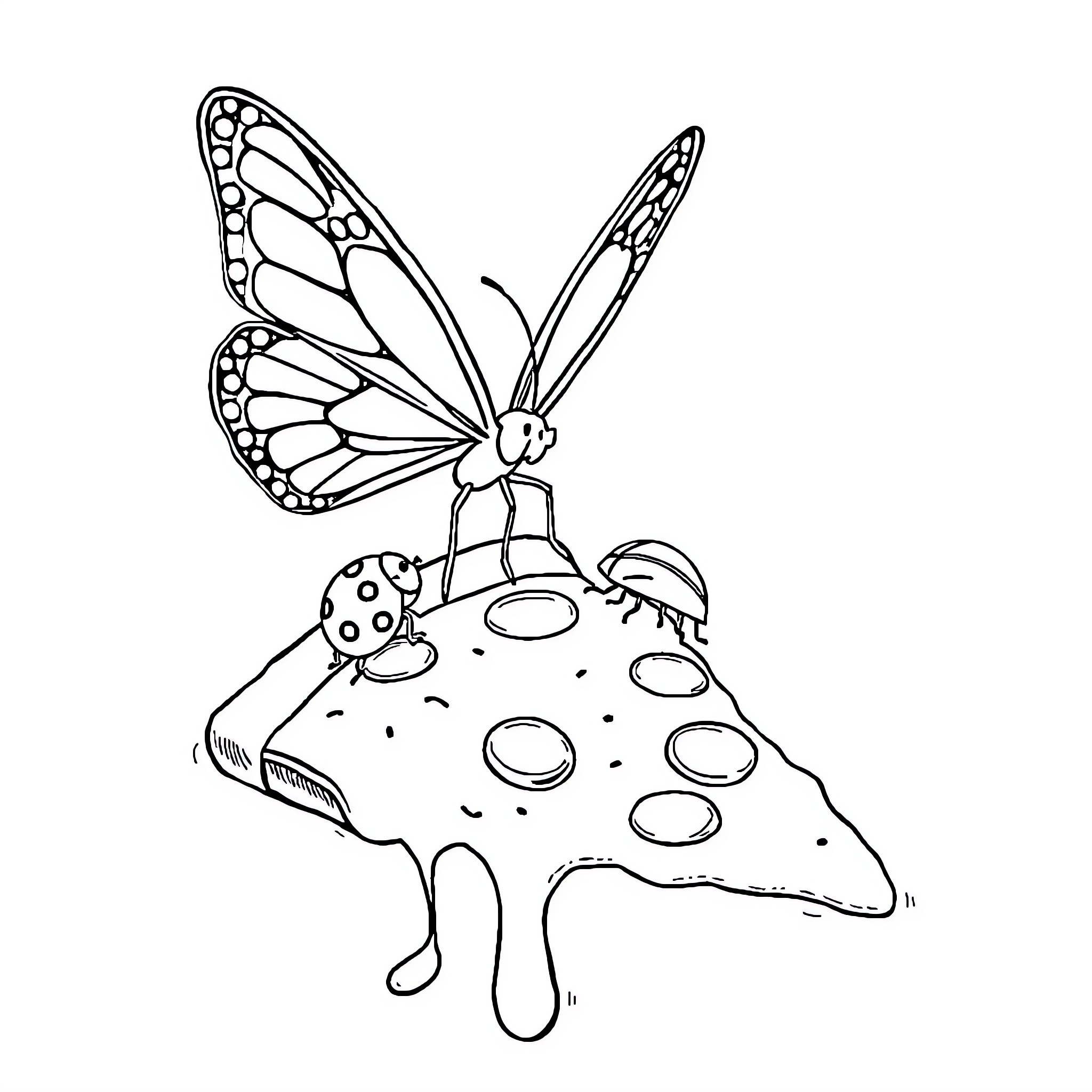Butterfly perched on colorful mushroom Coloring Page (free black-and-white line drawing printable PDF for all, from beginners to advanced learners, including children, teens, adults, and seniors)