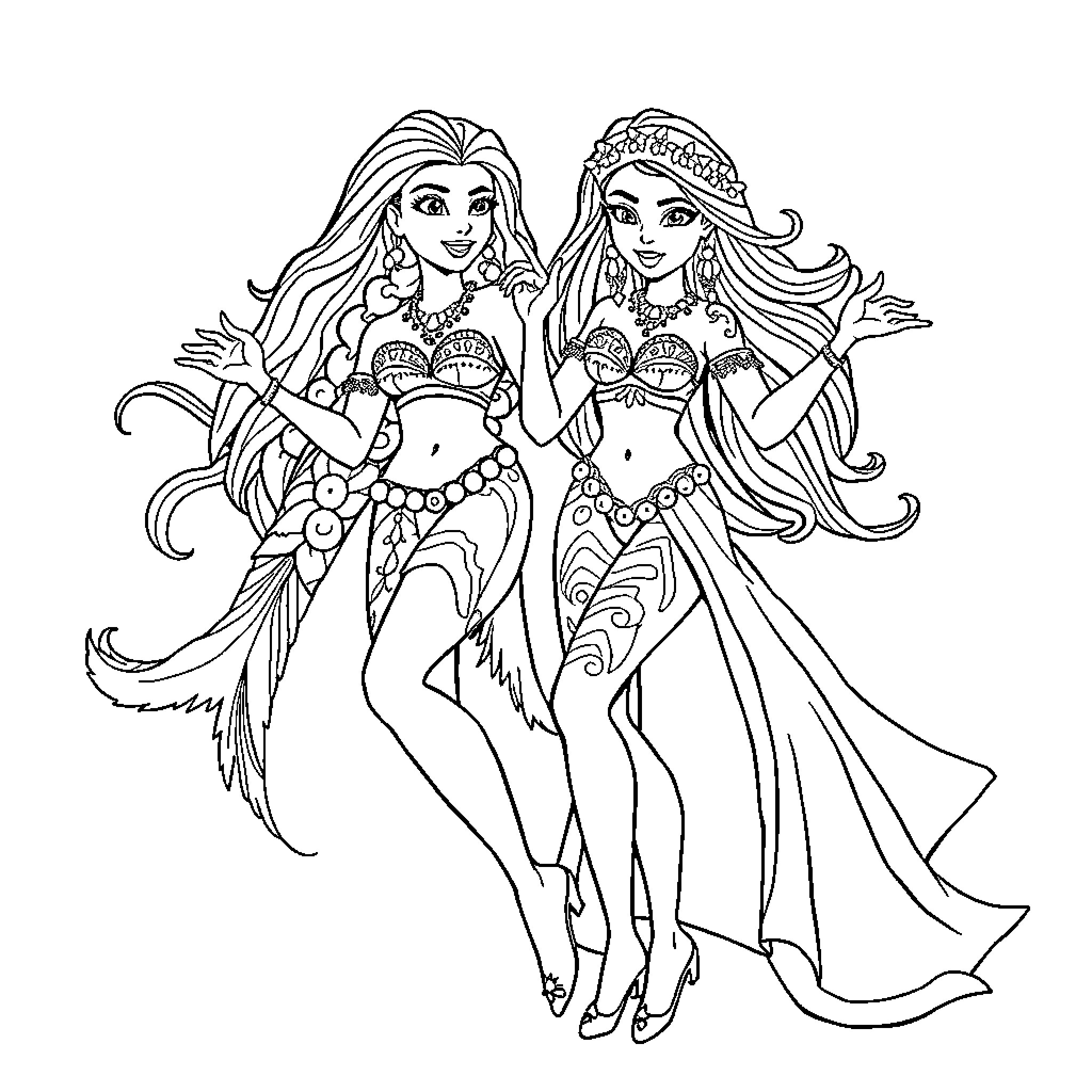 Vaiana and friend in enchanting tribal attire Coloring Page (free black-and-white line drawing printable PDF for all, from beginners to advanced learners, including children, teens, adults, and seniors)