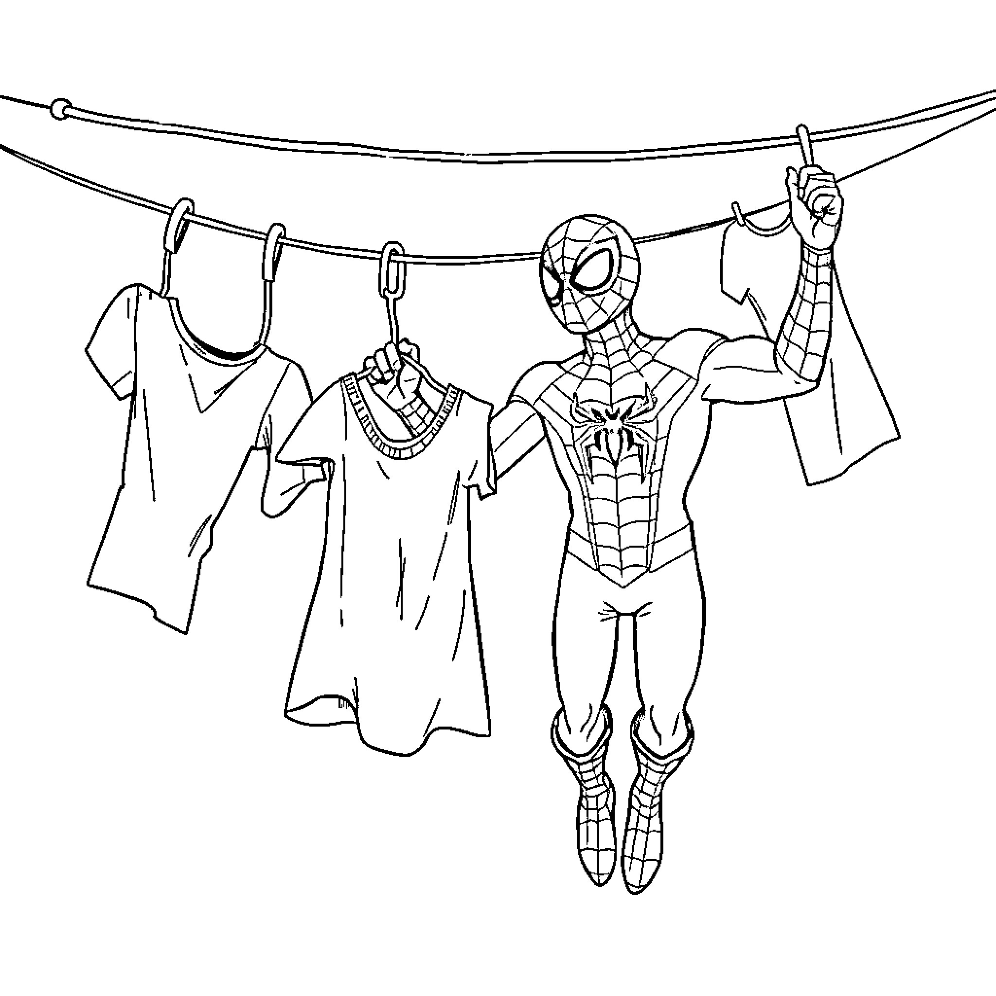 Spiderman drying clothes on a clothesline Coloring Page (free black-and-white line drawing printable PDF for all, from beginners to advanced learners, including children, teens, adults, and seniors)