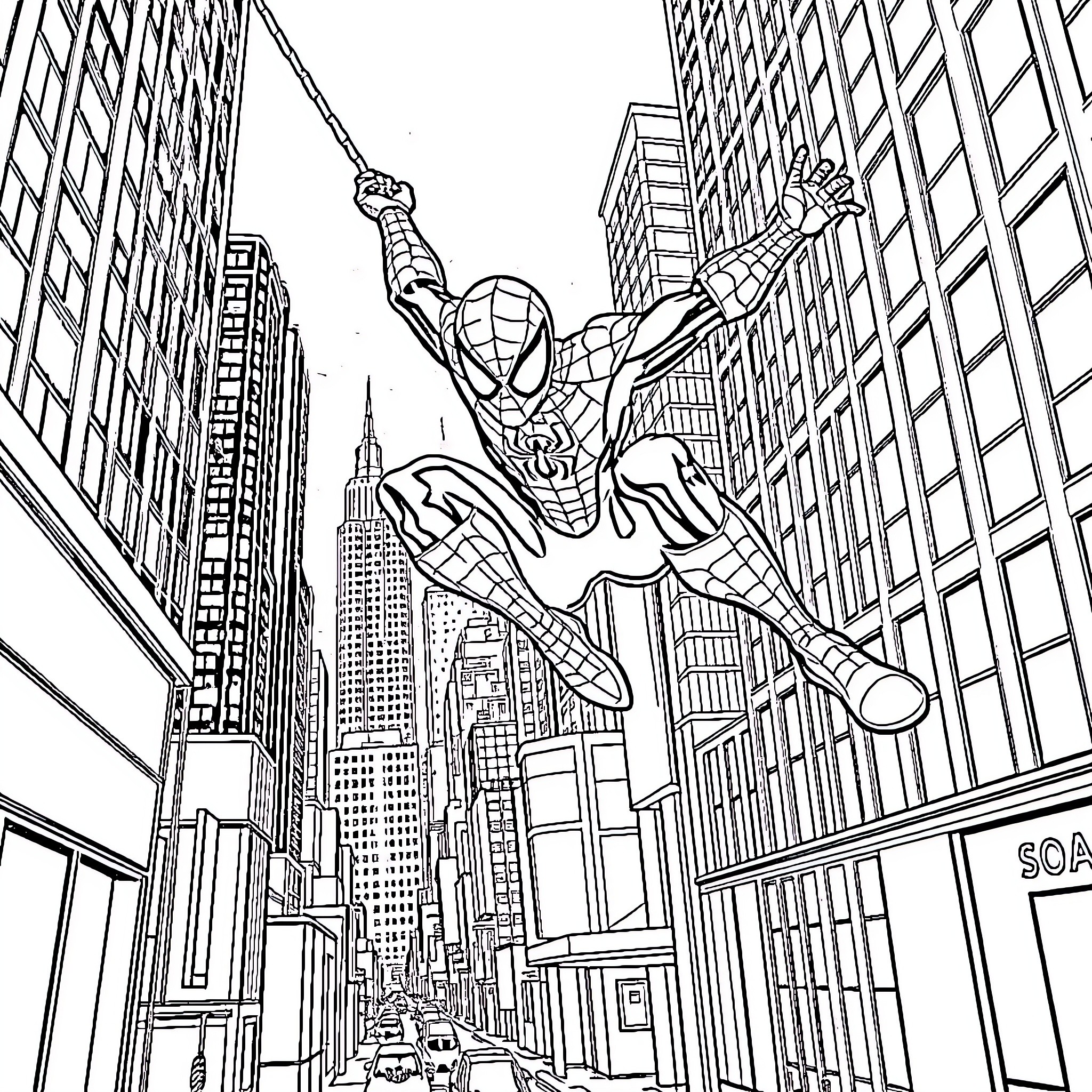 Spiderman swinging through the city skyline Coloring Page (free black-and-white line drawing printable PDF for all, from beginners to advanced learners, including children, teens, adults, and seniors)