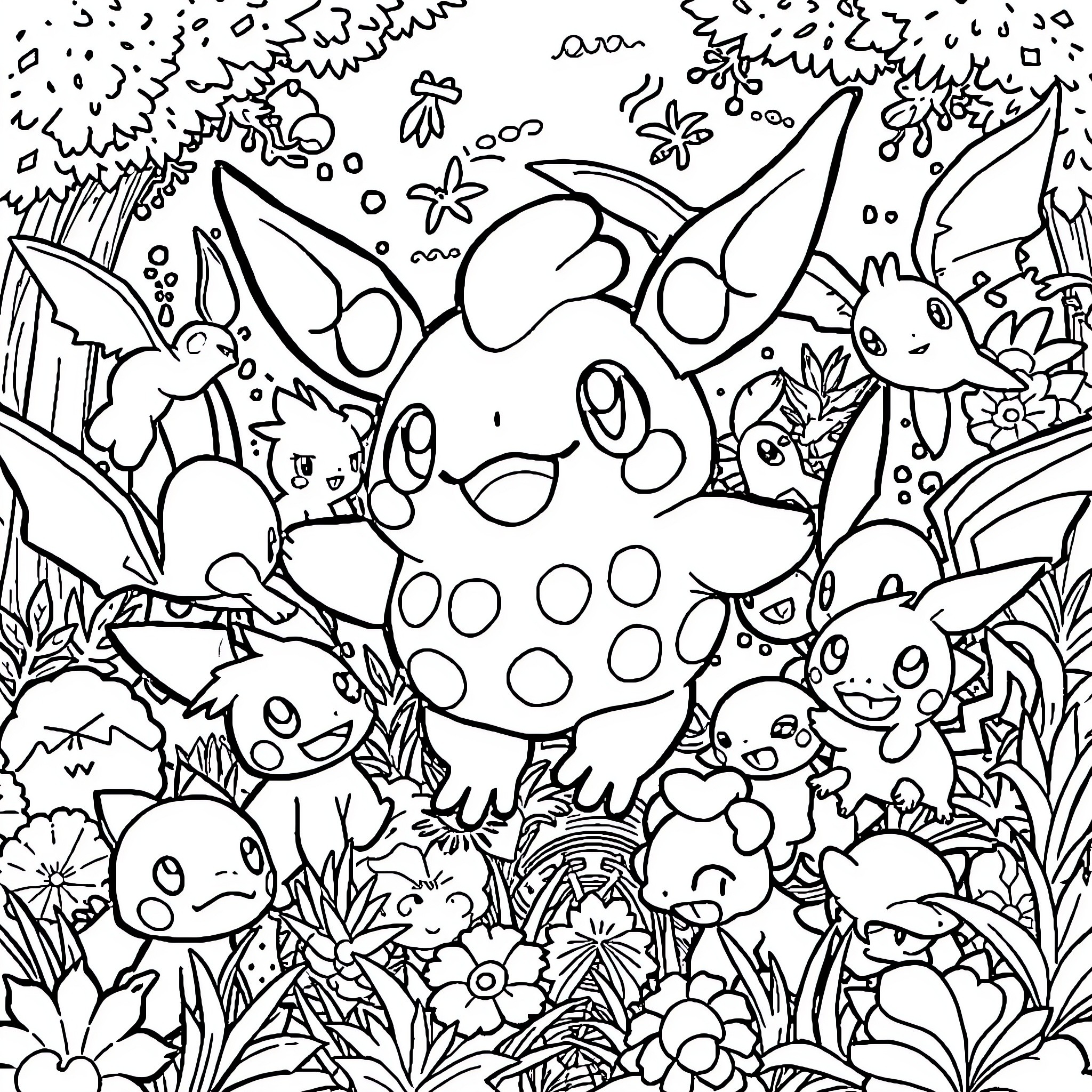 Labubu's Whimsical World of Fantastical Creatures Coloring Page (free black-and-white line drawing printable PDF for all, from beginners to advanced learners, including children, teens, adults, and seniors)