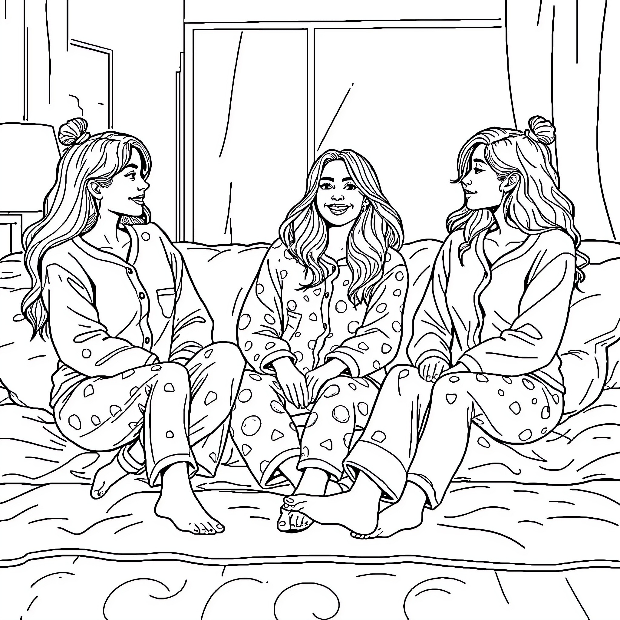 Girls chatting in cozy home setting Coloring Page (free black-and-white line drawing printable PDF for all, from beginners to advanced learners, including children, teens, adults, and seniors)