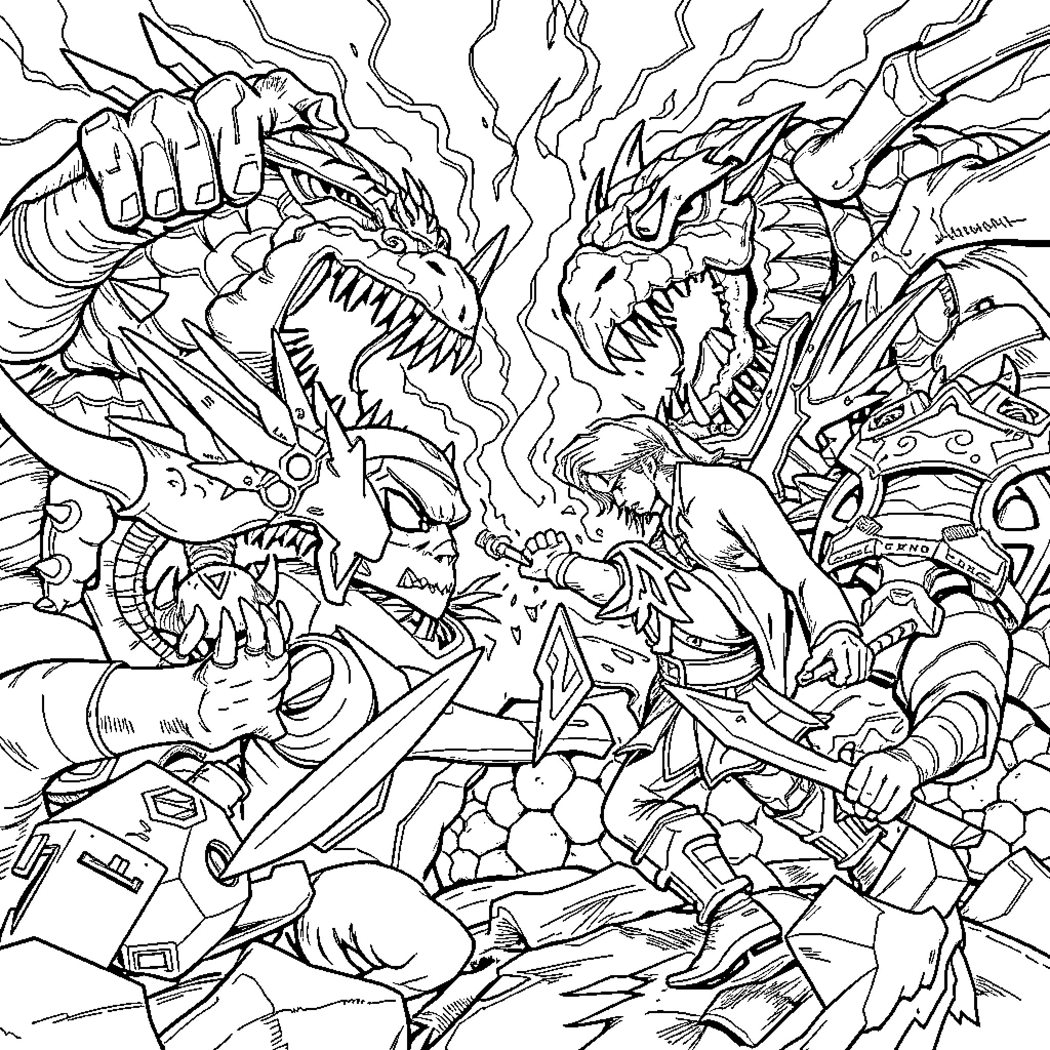 Boss Battle of Monstrous Adversaries Coloring Page (free black-and-white line drawing printable PDF for all, from beginners to advanced learners, including children, teens, adults, and seniors)