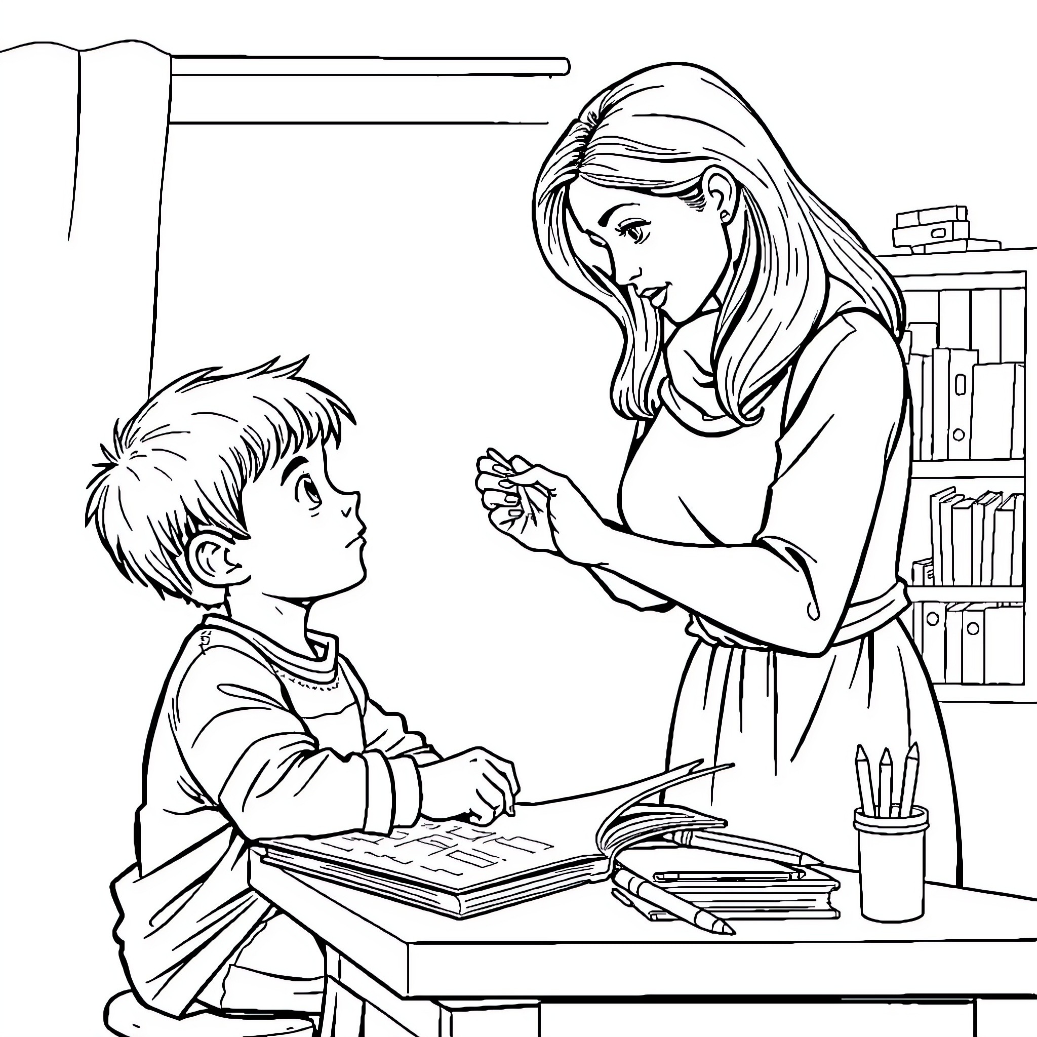 Mum assisting child with homework at home Coloring Page (free black-and-white line drawing printable PDF for all, from beginners to advanced learners, including children, teens, adults, and seniors)