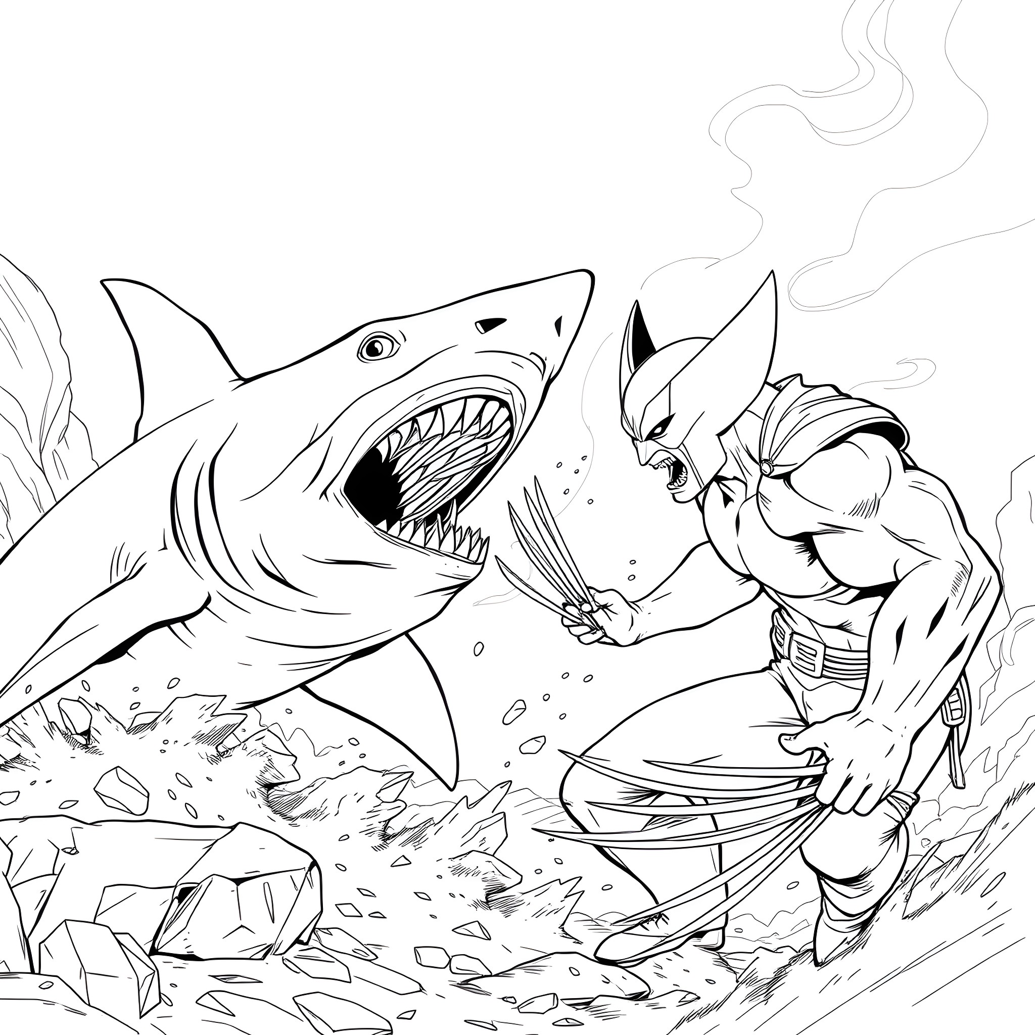 Jeff battles a fearsome shark with his sword Coloring Page (free black-and-white line drawing printable PDF for all, from beginners to advanced learners, including children, teens, adults, and seniors)
