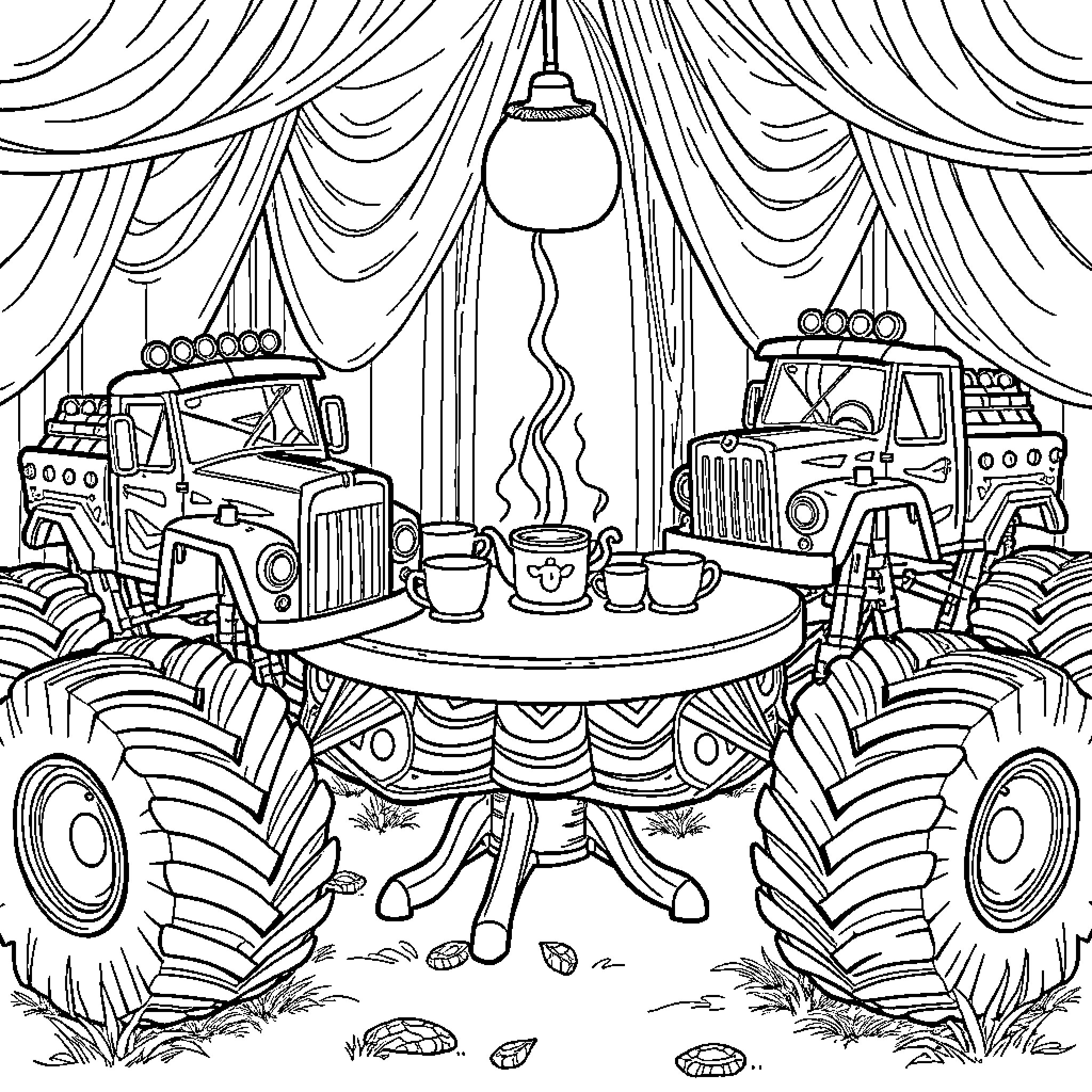 Monster Truck Drivers Enjoying a Hot Beverage in the Garage Coloring Page (free black-and-white line drawing printable PDF for all, from beginners to advanced learners, including children, teens, adults, and seniors)