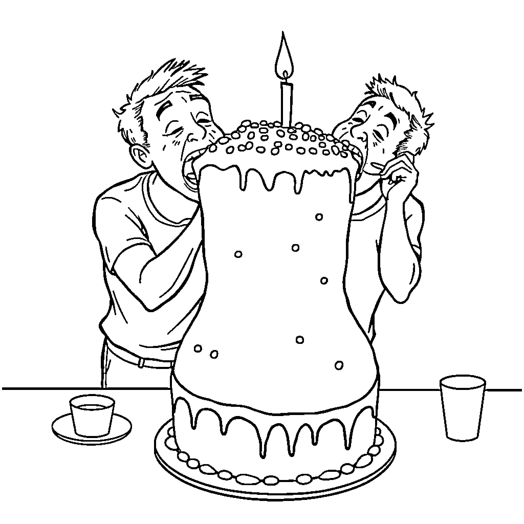 Guy blows out candle on birthday cake Coloring Page (free black-and-white line drawing printable PDF for all, from beginners to advanced learners, including children, teens, adults, and seniors)