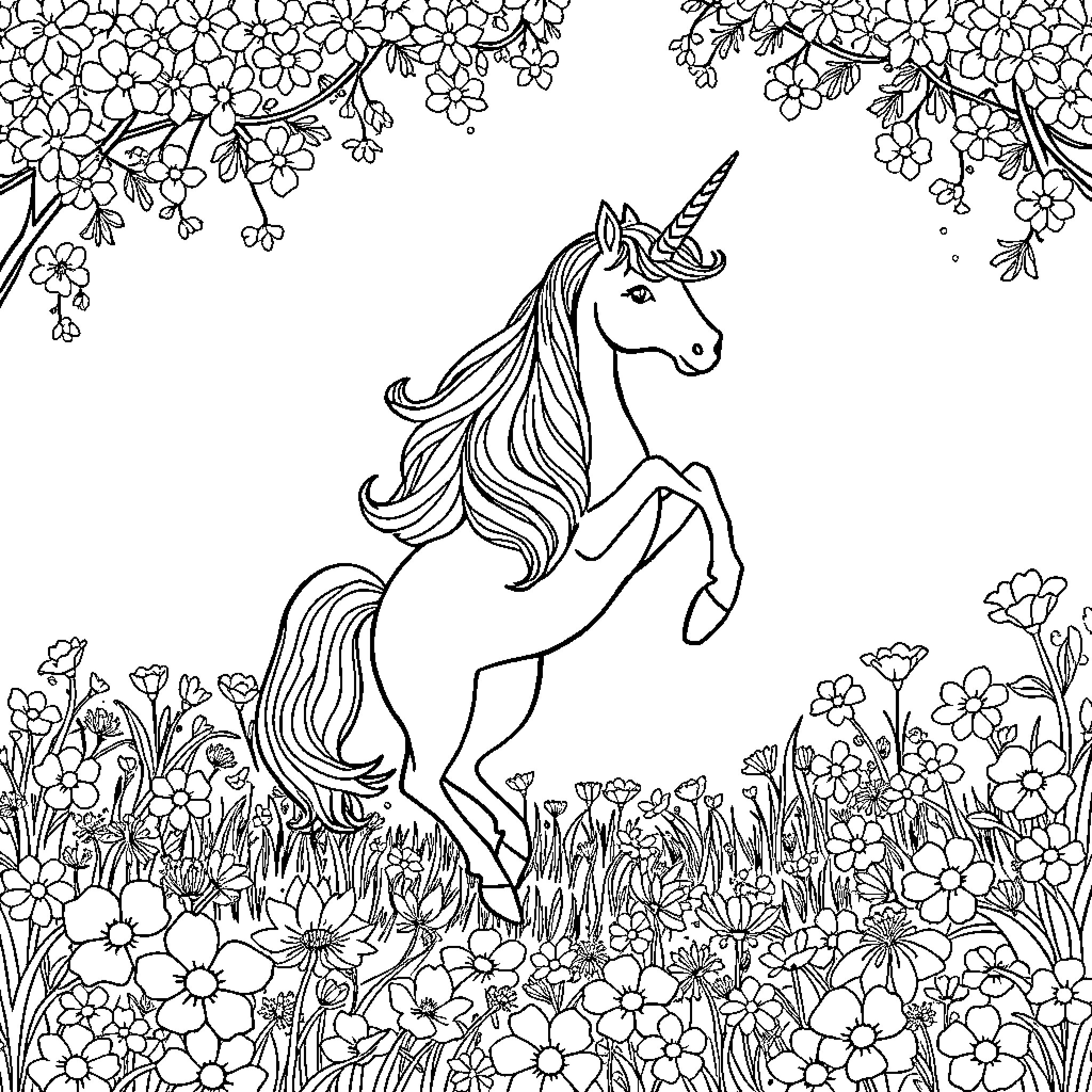 Unicorn dancing amidst a floral paradise Coloring Page (free black-and-white line drawing printable PDF for all, from beginners to advanced learners, including children, teens, adults, and seniors)