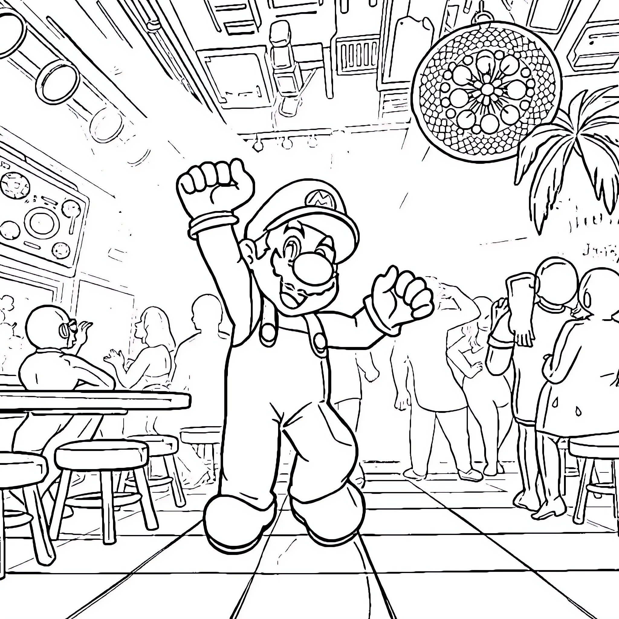 Mario Celebrates Triumphantly in a Lively Environment Coloring Page (free black-and-white line drawing printable PDF for all, from beginners to advanced learners, including children, teens, adults, and seniors)
