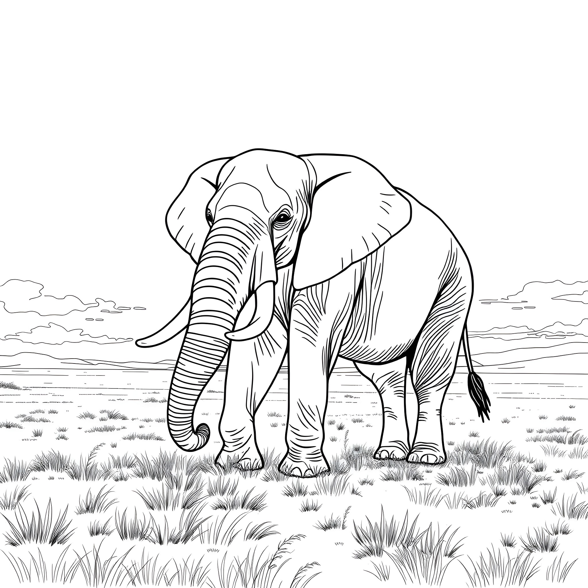 Elephant walking peacefully in the savanna Coloring Page (free black-and-white line drawing printable PDF for all, from beginners to advanced learners, including children, teens, adults, and seniors)