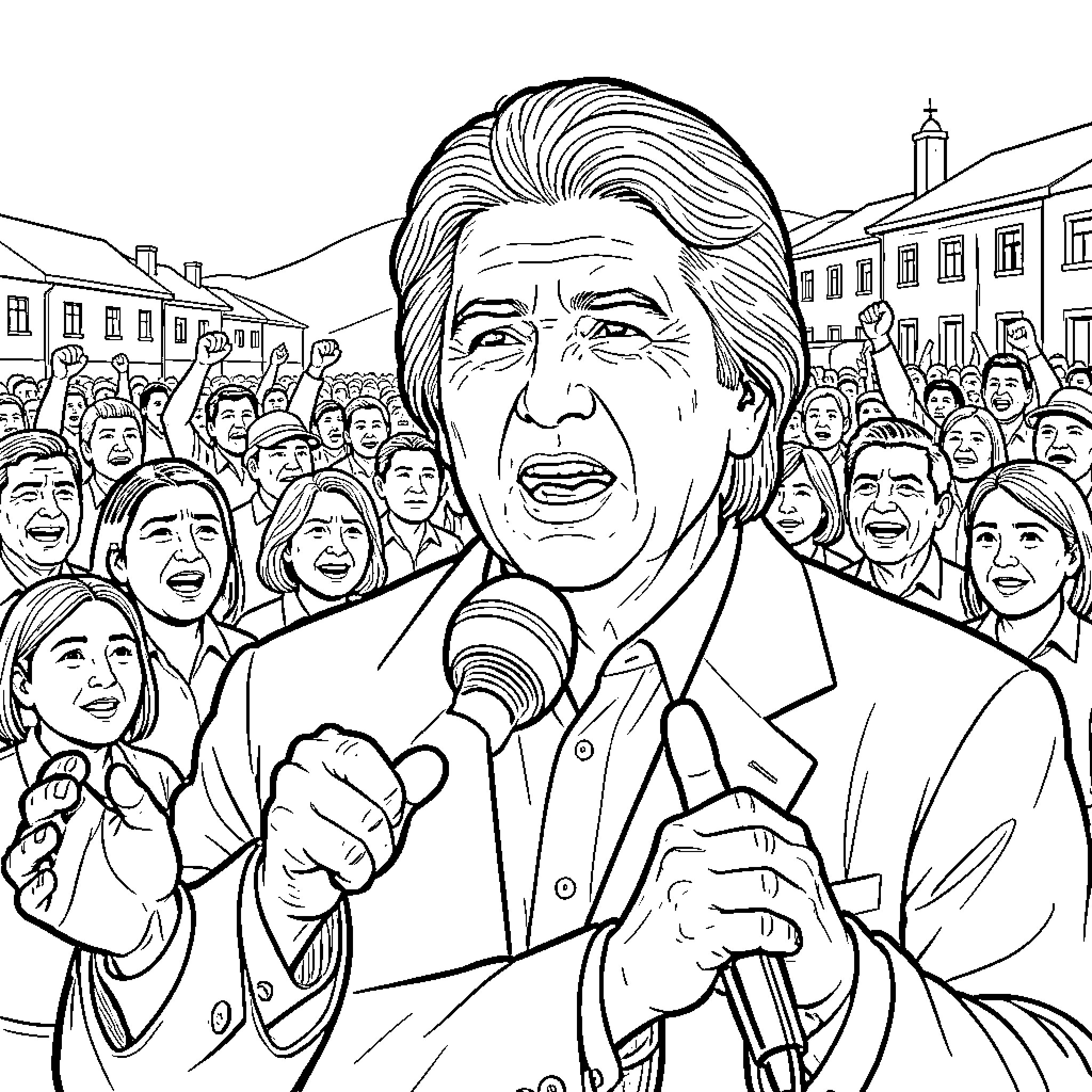Evo Morales Addressing Enthusiastic Crowd at Public Event Coloring Page (free black-and-white line drawing printable PDF for all, from beginners to advanced learners, including children, teens, adults, and seniors)