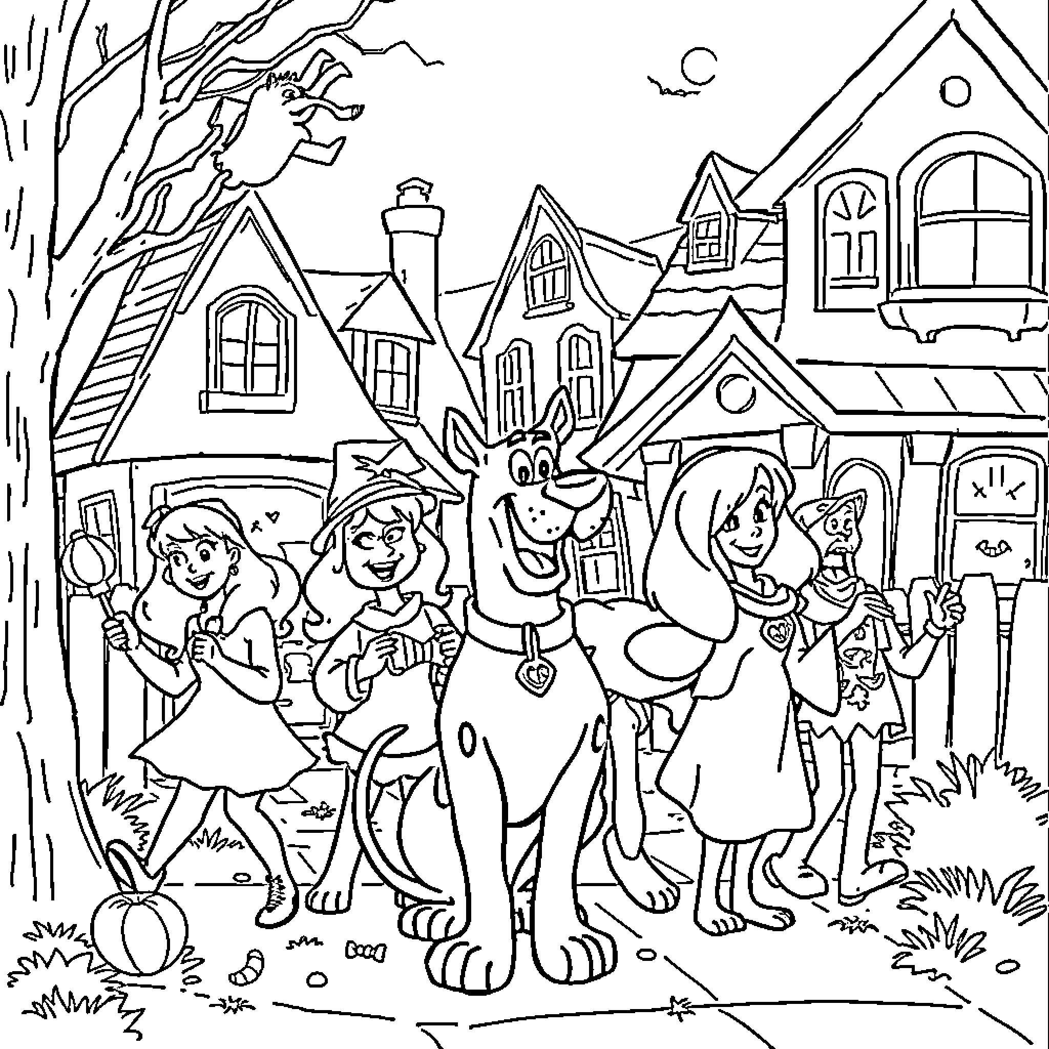 Scooby Doo and Friends Explore a Spooky Town Coloring Page (free black-and-white line drawing printable PDF for all, from beginners to advanced learners, including children, teens, adults, and seniors)