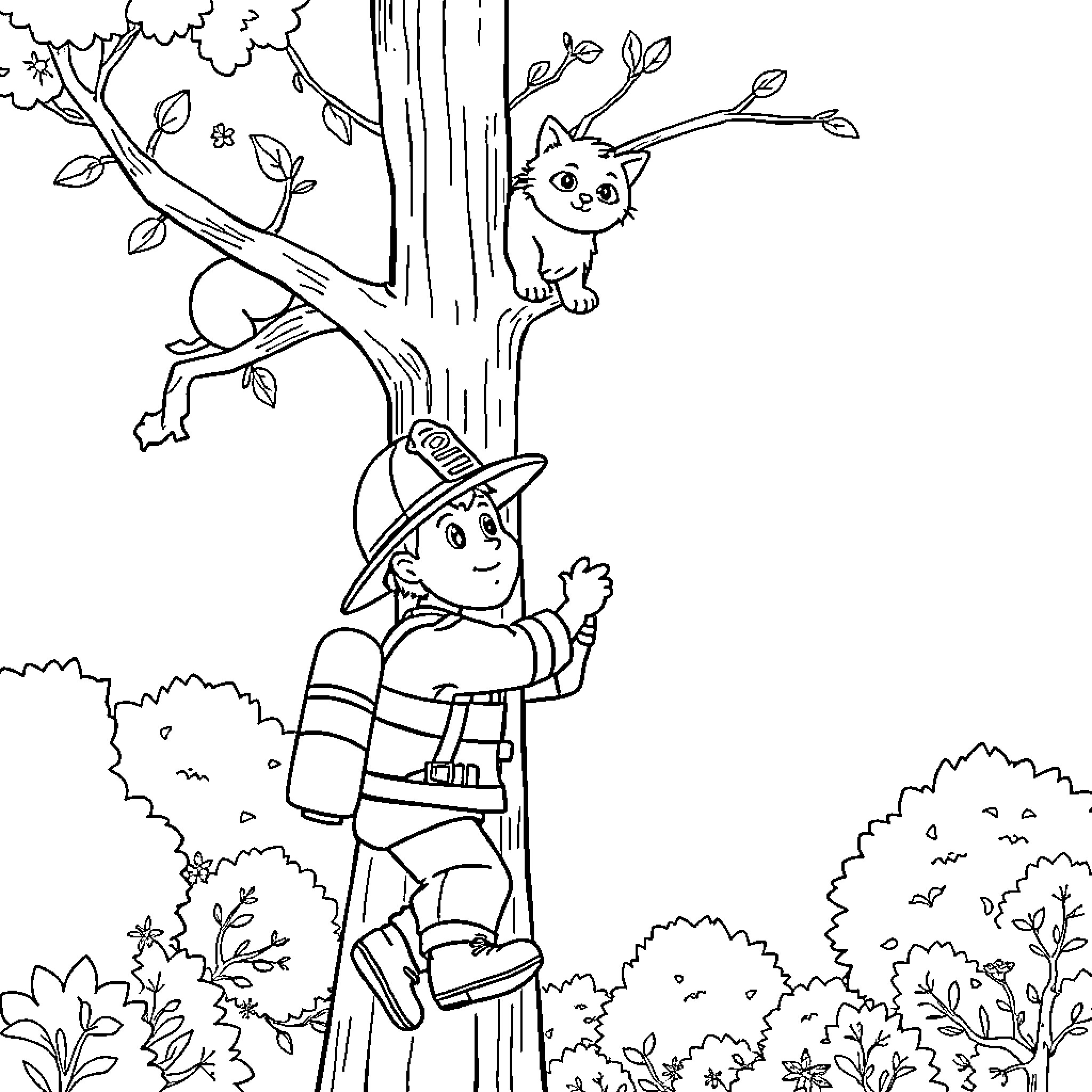 Fireman rescuing kitten from tree Coloring Page (free black-and-white line drawing printable PDF for all, from beginners to advanced learners, including children, teens, adults, and seniors)