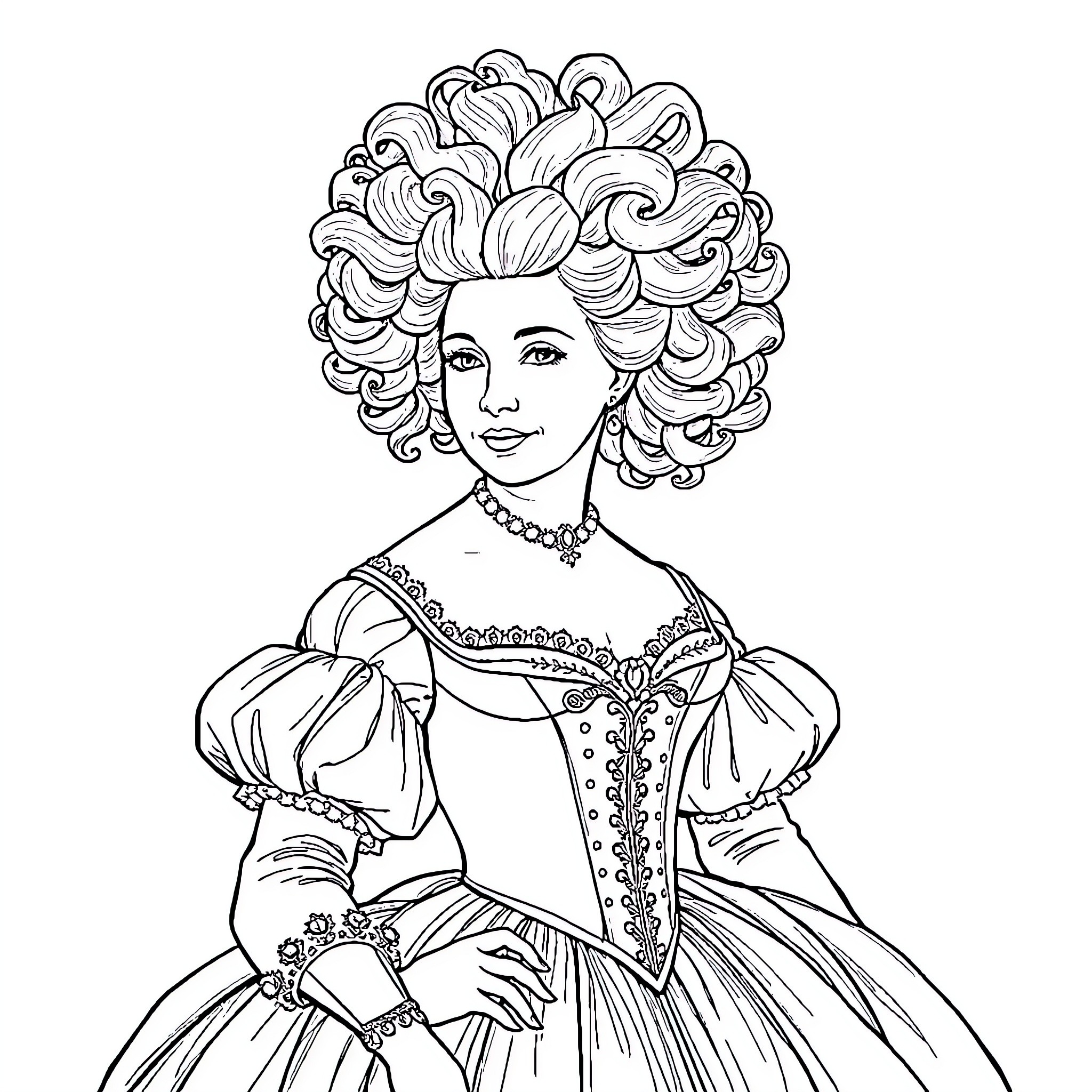 Marie Antoinette in Opulent Dress and Elaborate Hairstyle Coloring Page (free black-and-white line drawing printable PDF for all, from beginners to advanced learners, including children, teens, adults, and seniors)