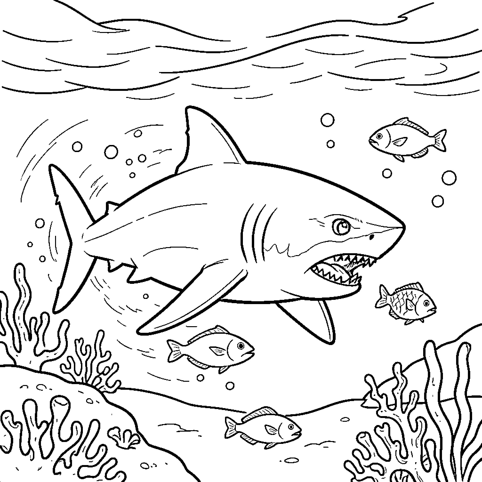 Shark swimming through coral reefs with small fish Coloring Page (free black-and-white line drawing printable PDF for all, from beginners to advanced learners, including children, teens, adults, and seniors)